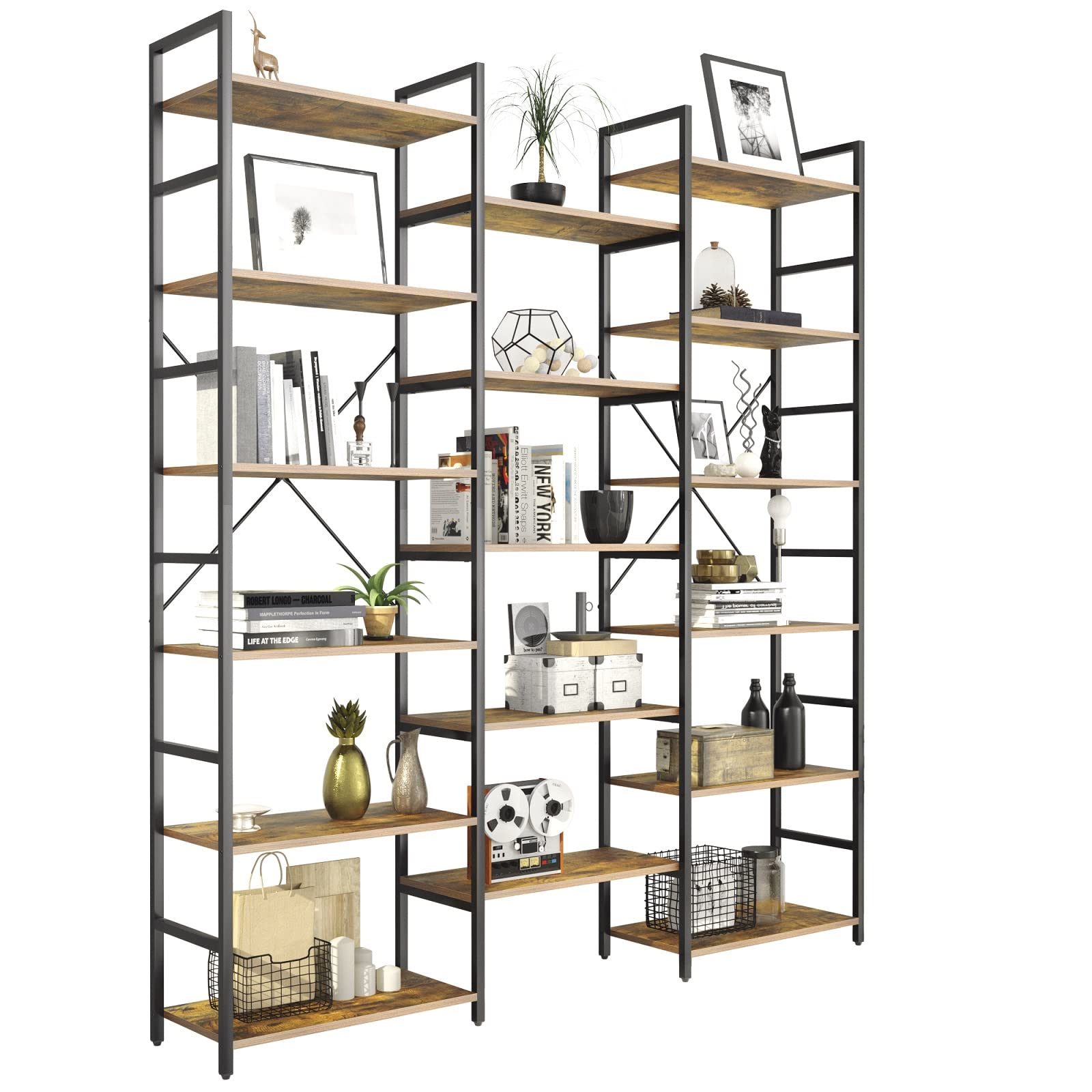 6 Tiers Triple Wide Corner Bookcase with 17 High Quality Solid Open Shelves, Rustic Brown