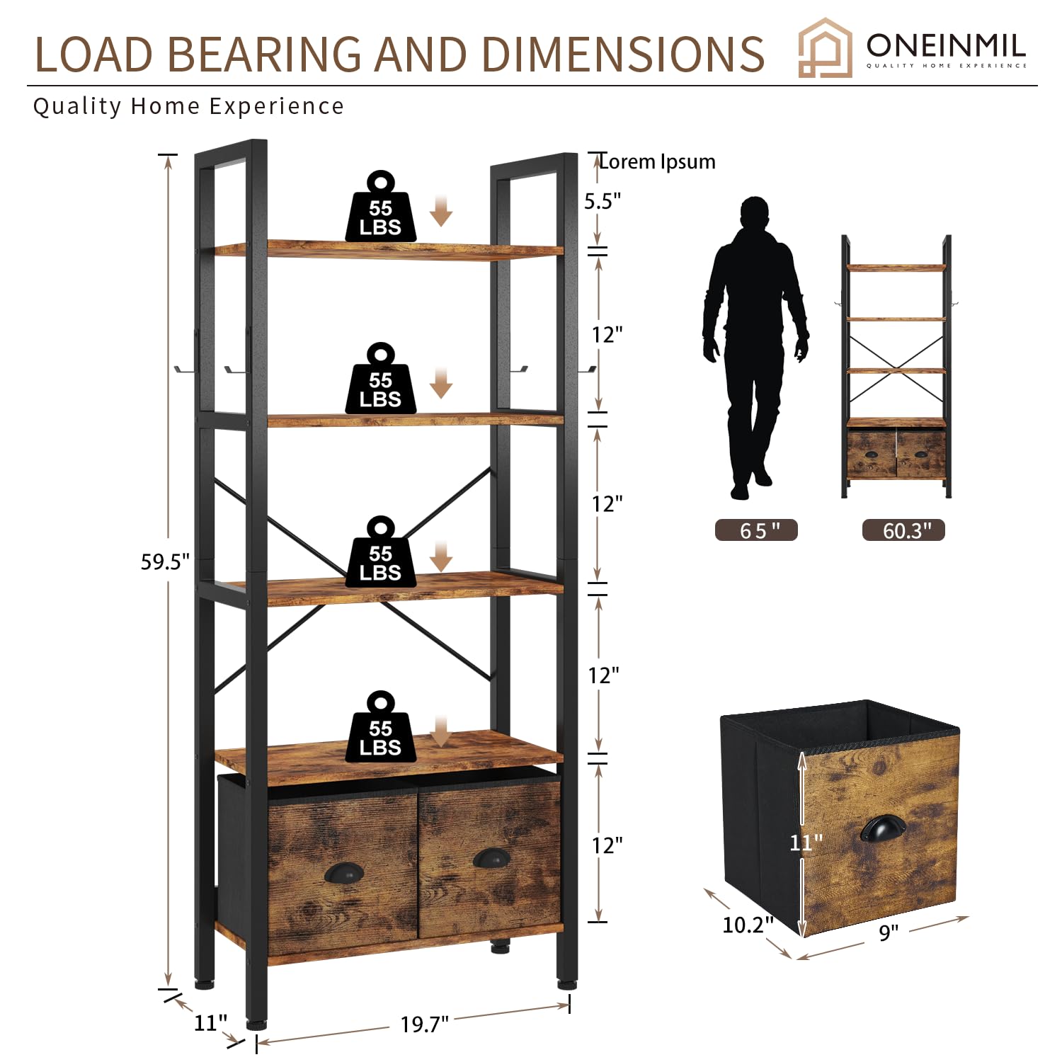 5 Shelf Bookcase with 2 Drawers, 60" Rustic Brown Bookshef for Living Room and Home Office