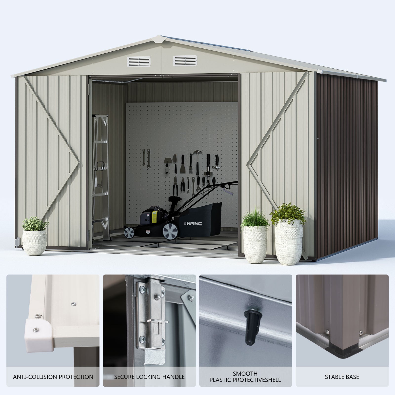 9.6' x 7.8' Outdoor Storage Shed, Metal Shed with Lockable Door & Air Vent for Backyard, Garden, Gray