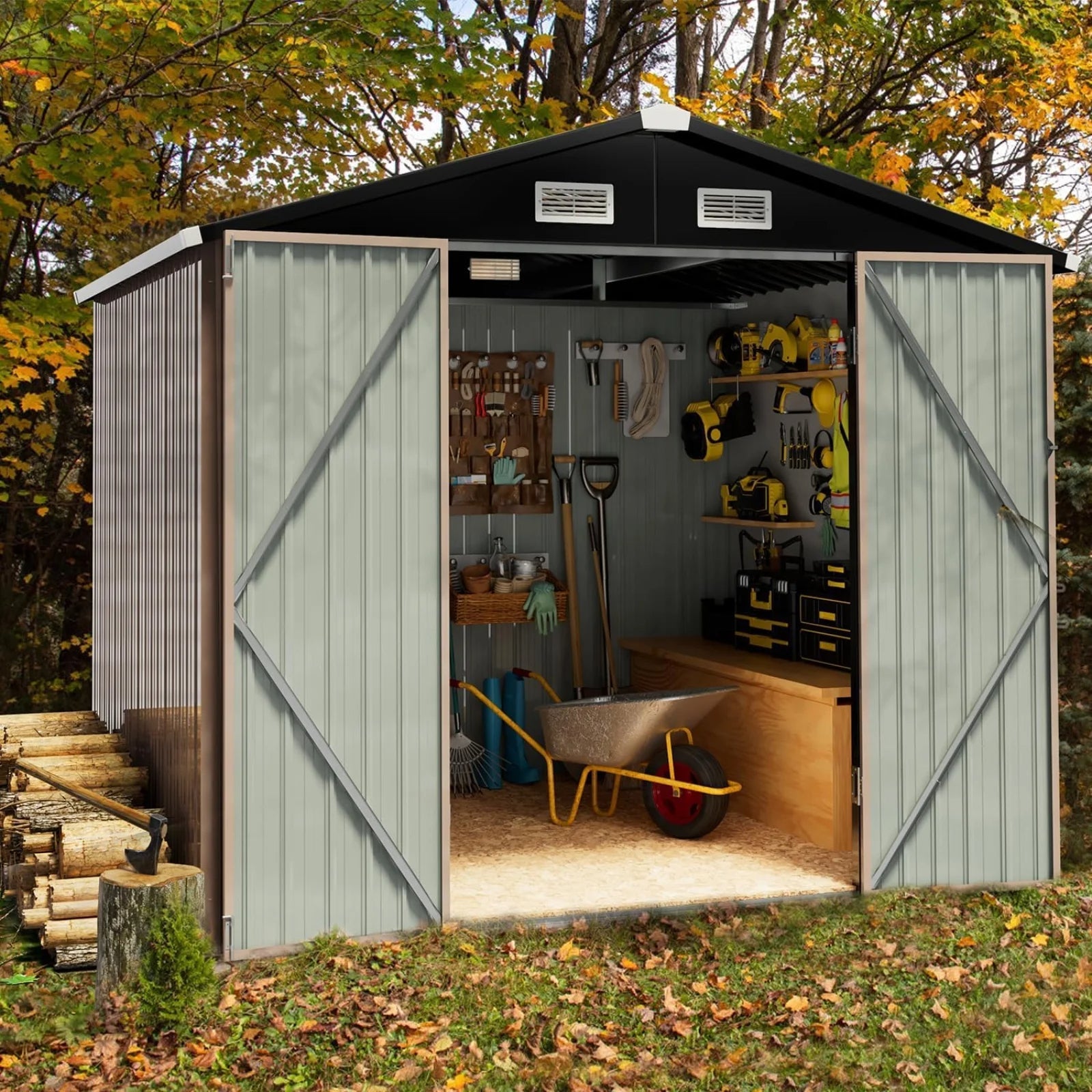 8.5' x 5.6' Outdoor Storage Shed, Metal Garden Shed with Door & Lock, Tool Storage Shed for Patio, Backyard