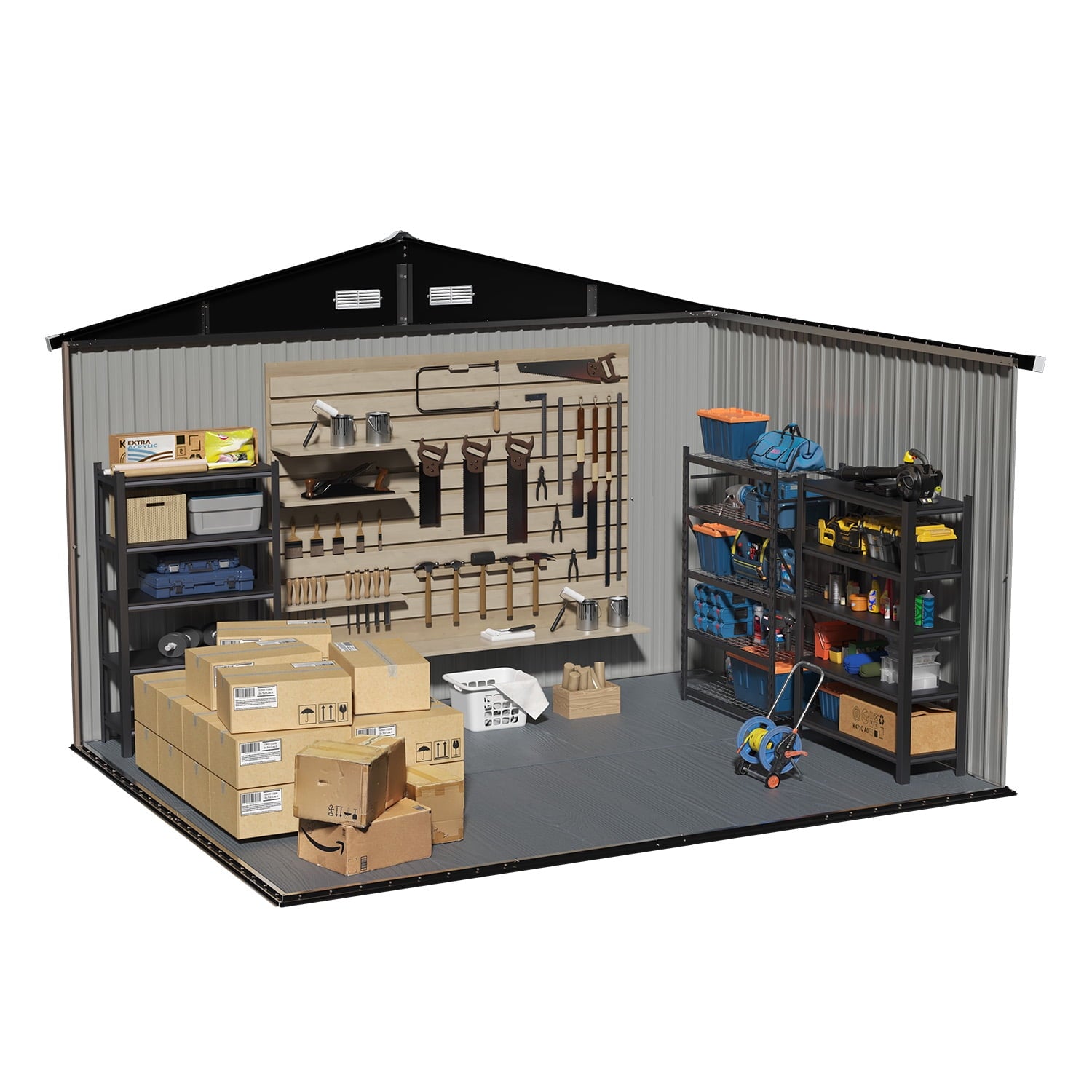 Clouddwell 9.5x7.5ft Galvanized Steel Storage Shed with Floor & Double Doors - Brown