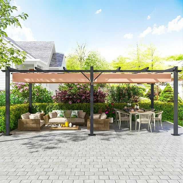 12x20Ft Outdoor Pergola, Patio Metal Pergolas Gazebos with Retractable Shade Canopy, Beige