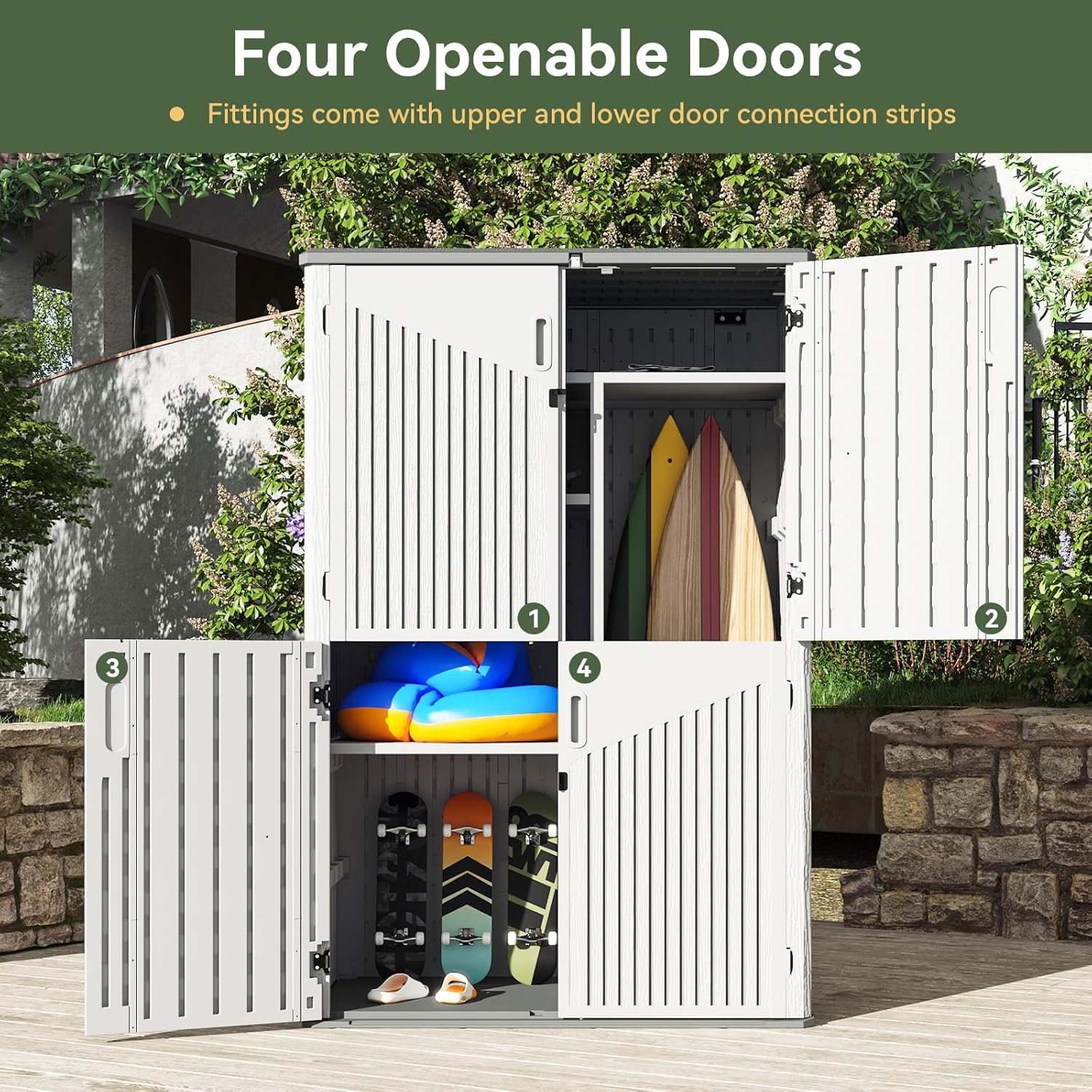 Resin Vertical Shed with Floor, Tall Tool Shed with Lockable Doors, DIY Friendly, 64 Cubic Feet