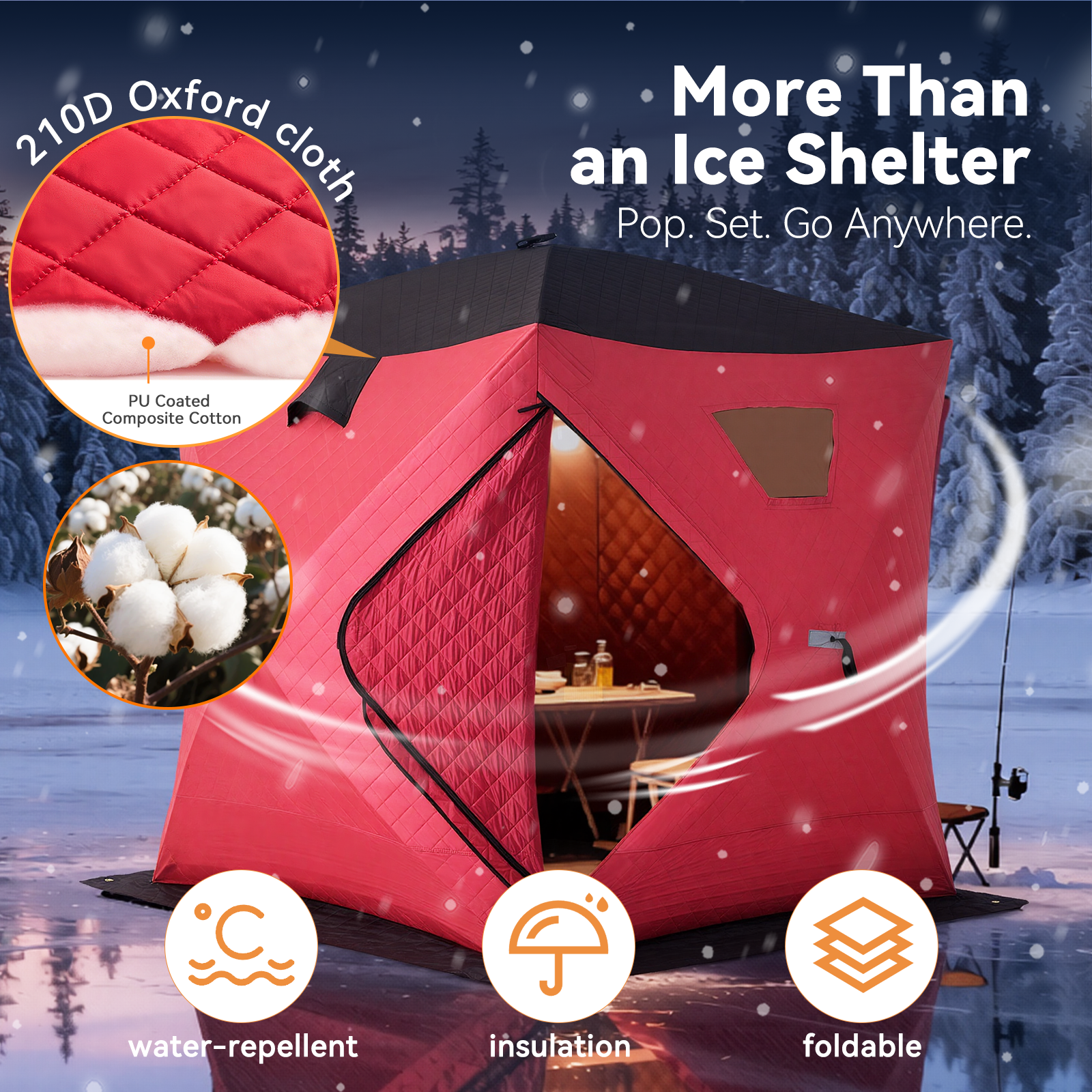 Aoxun Ice Fishing Tent Pop Up Instant Setup 3-4 Person Portable Shanty Hub Waterproof Insulated Shelter for Winter Fishing & Camping