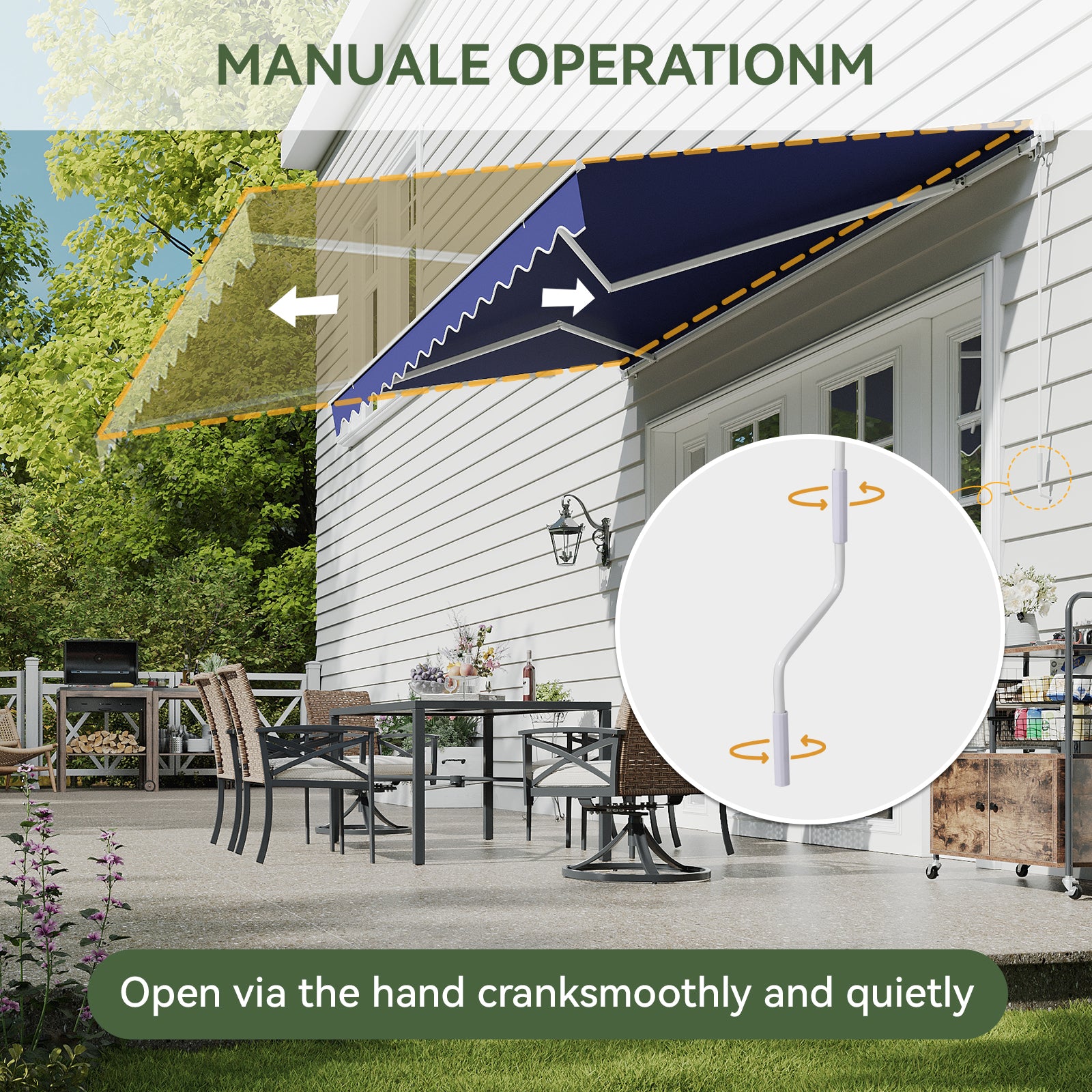 Aoxun Manual Retractable Awning for Outside 12x10 FT Outdoor Patio Sun Shades Canopy with Crank Handle Waterproof Polyester PA Coated Fabric for Backyard Deck Window Blue
