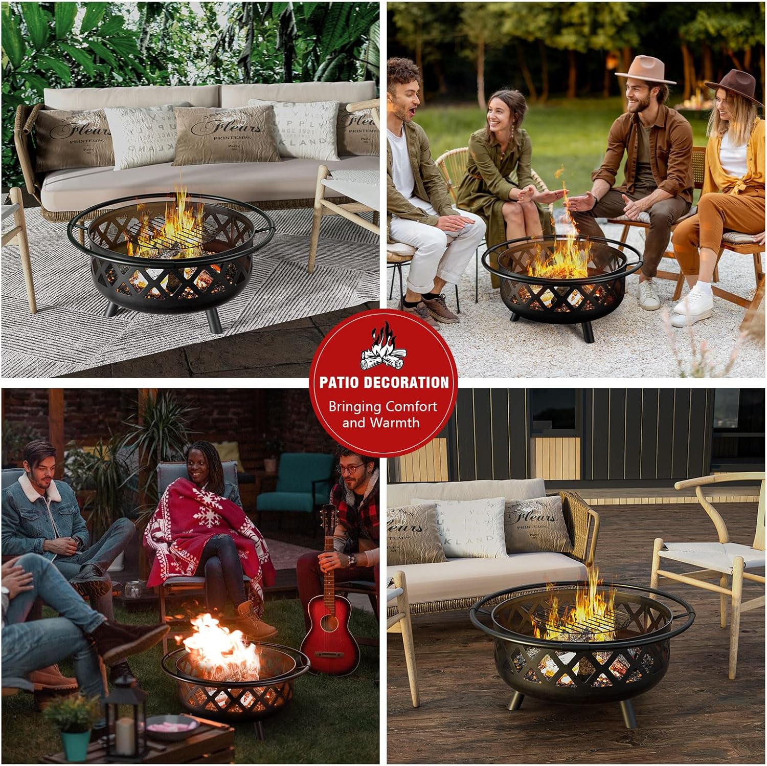 Fire Pit with Cooking Grate Grill, Outdoor Wood Burning Fire Pit with Cover & Fire Poker