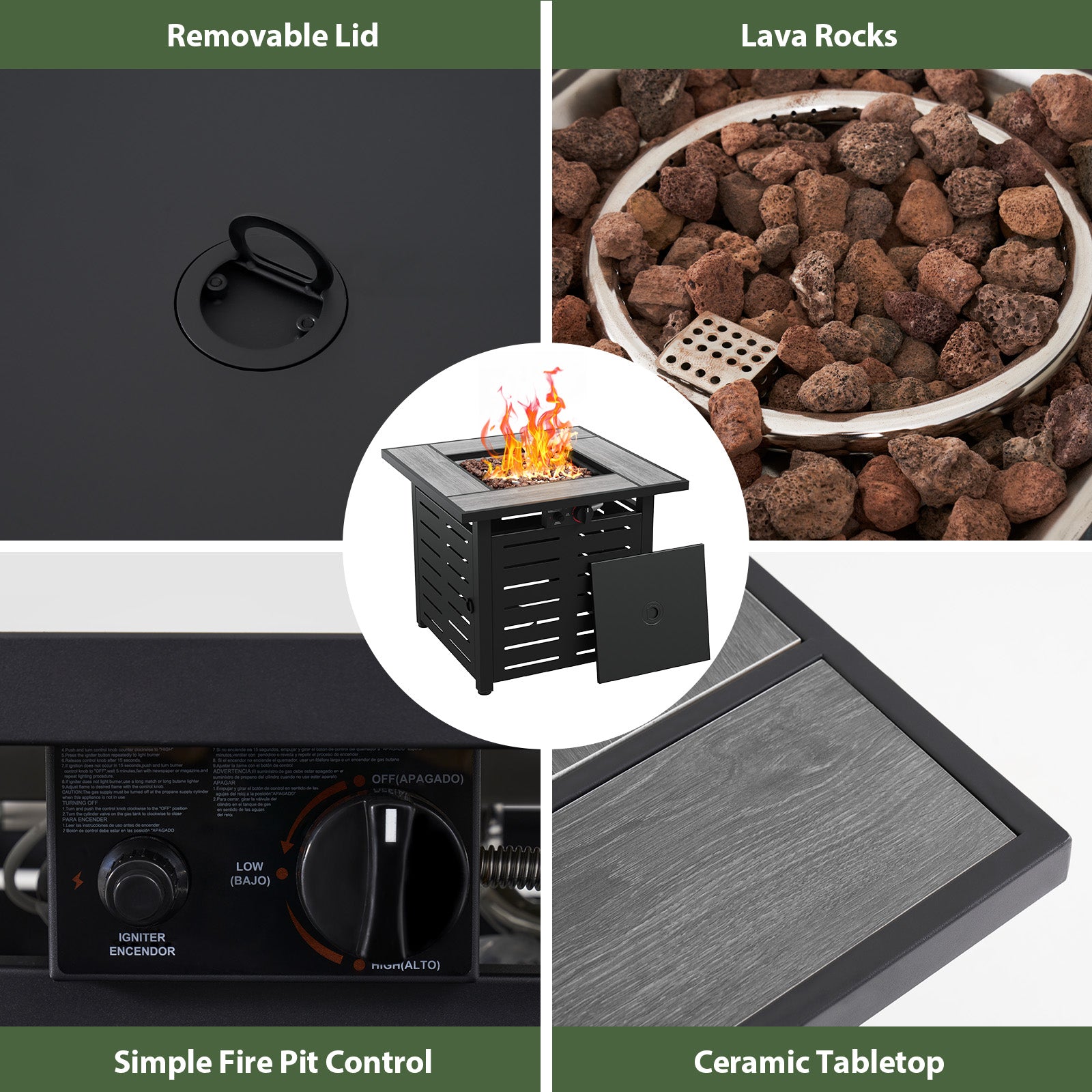 Aoxun 28" Propane Fire Pit Table, 50000 BTU Outdoor Patio Heater with Ceramic Top & Lava Rocks, Square Gas Fire Pits for Outside Patio with Removable Lid, Black