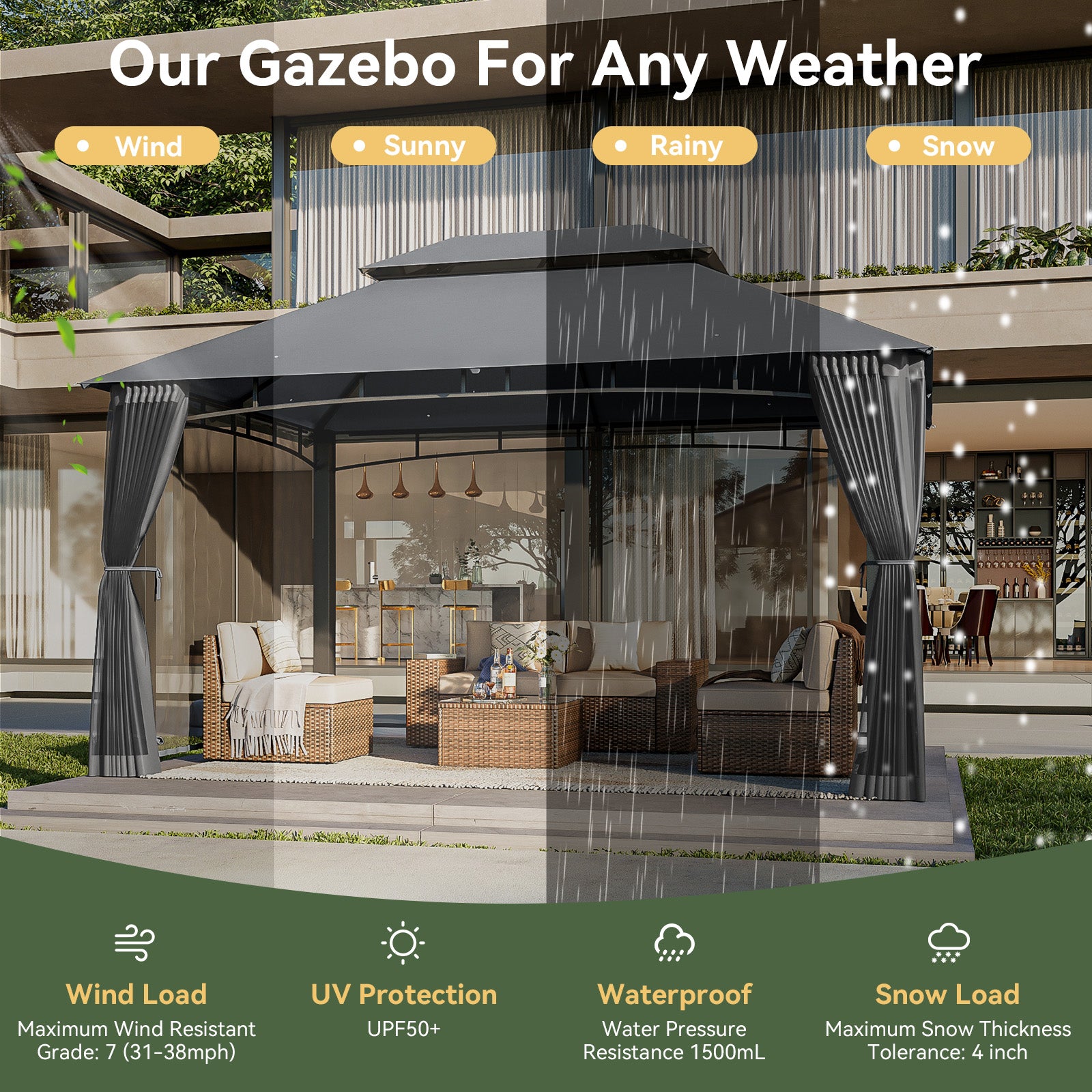 Outdoor Gazebo for Patio 10x13, Metal Frame Canopy with Double Roofs, Heavy Duty Party Tent and Shelter with Mosquito Nettings for Backyard, Lawn, Garden, Dark Gray