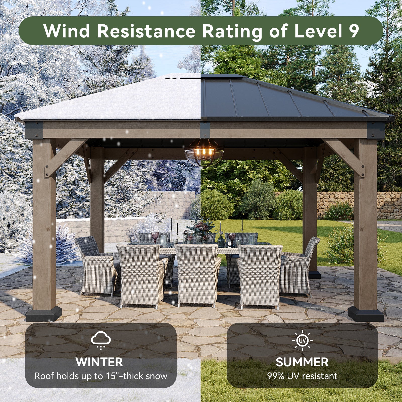 10' x 12' Outdoor Wood Gazebo, Hardtop Gazebo Permanent Wooden Pavilion with Galvanized Steel Roof, for Patio, Garden, Deck, Cedar Wood