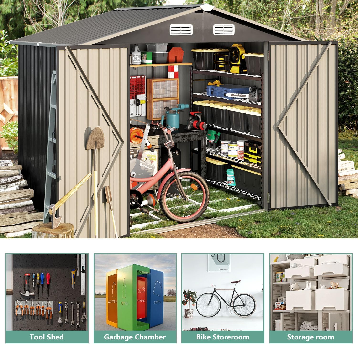 Utility Metal Shed, Steel Tool Shed with Air Vent and Lockable Door