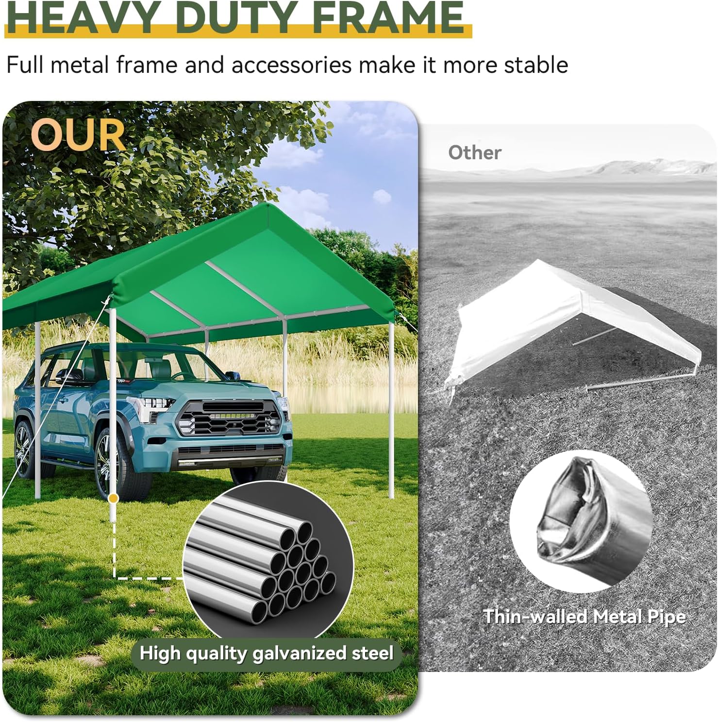 Aoxun 10x20 ft Heavy Duty Carport with Tarp & Wind Resistance Portable Carport Car Tent Outdoor Car Port with Tear Resistant Canopy, No Sidewall - Light Green