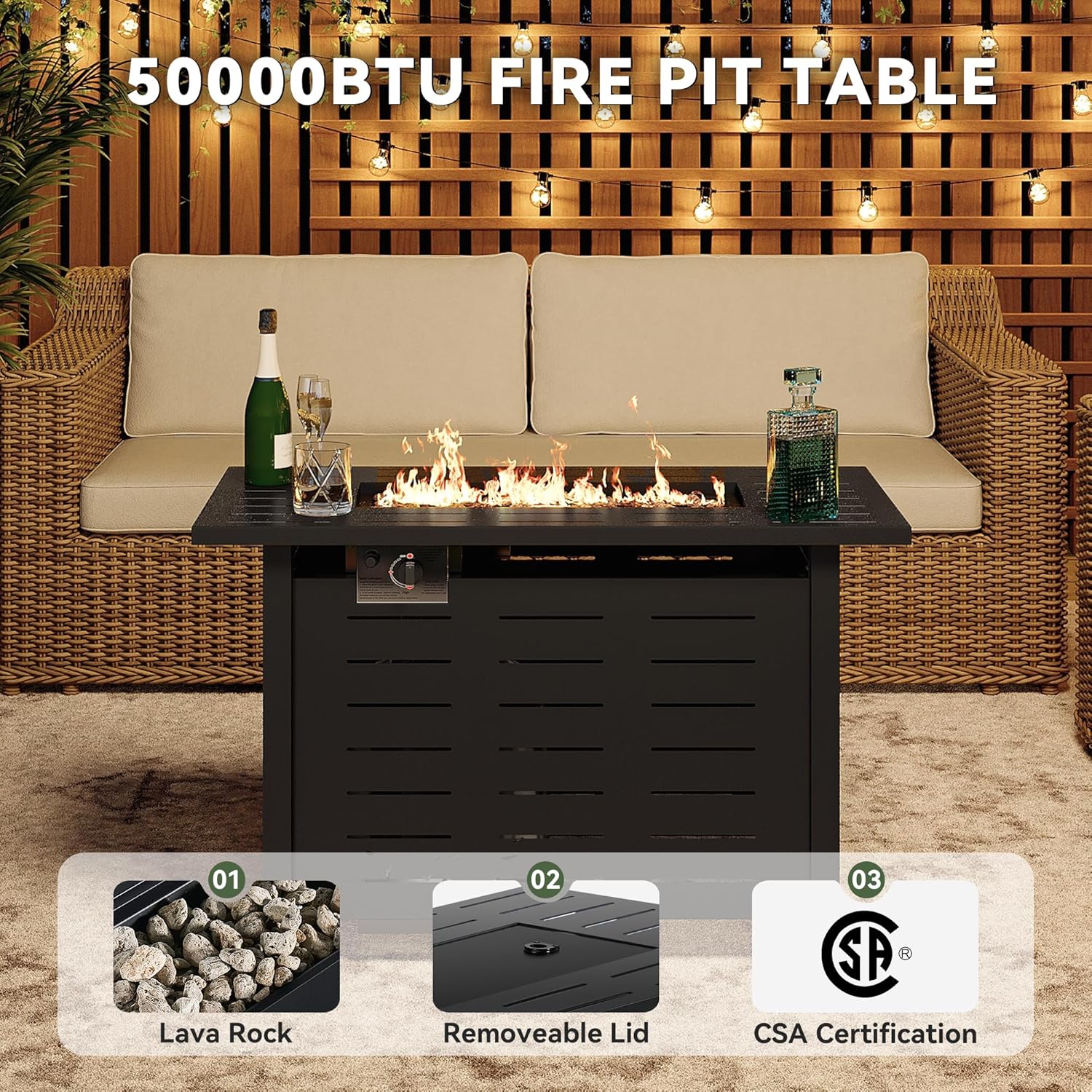 Aoxun 40" Outdoor Propane Fire Pit Table with Removable Lid - 50,000 BTU Patio Heater, Rectangle Gas Fire Pit with Lava Rocks & Waterproof Cover for Deck, Backyard, Garden,Black