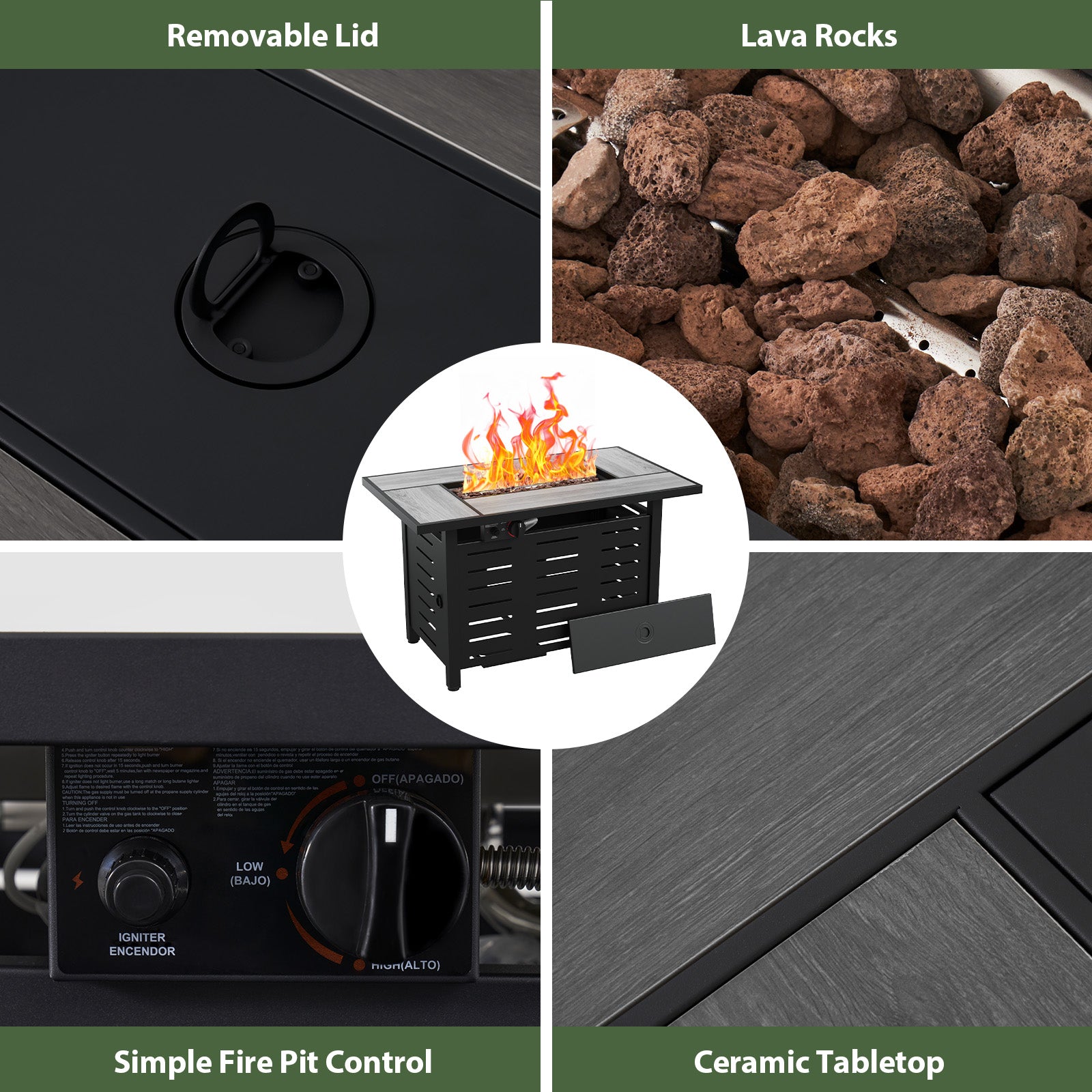Aoxun 42" Propane Fire Pit Table, 60000 BTU Outdoor Patio Heater with Ceramic Top & Lava Rocks, Rectangle Gas Fire Pits for Outside Patio with Removable Lid, Black