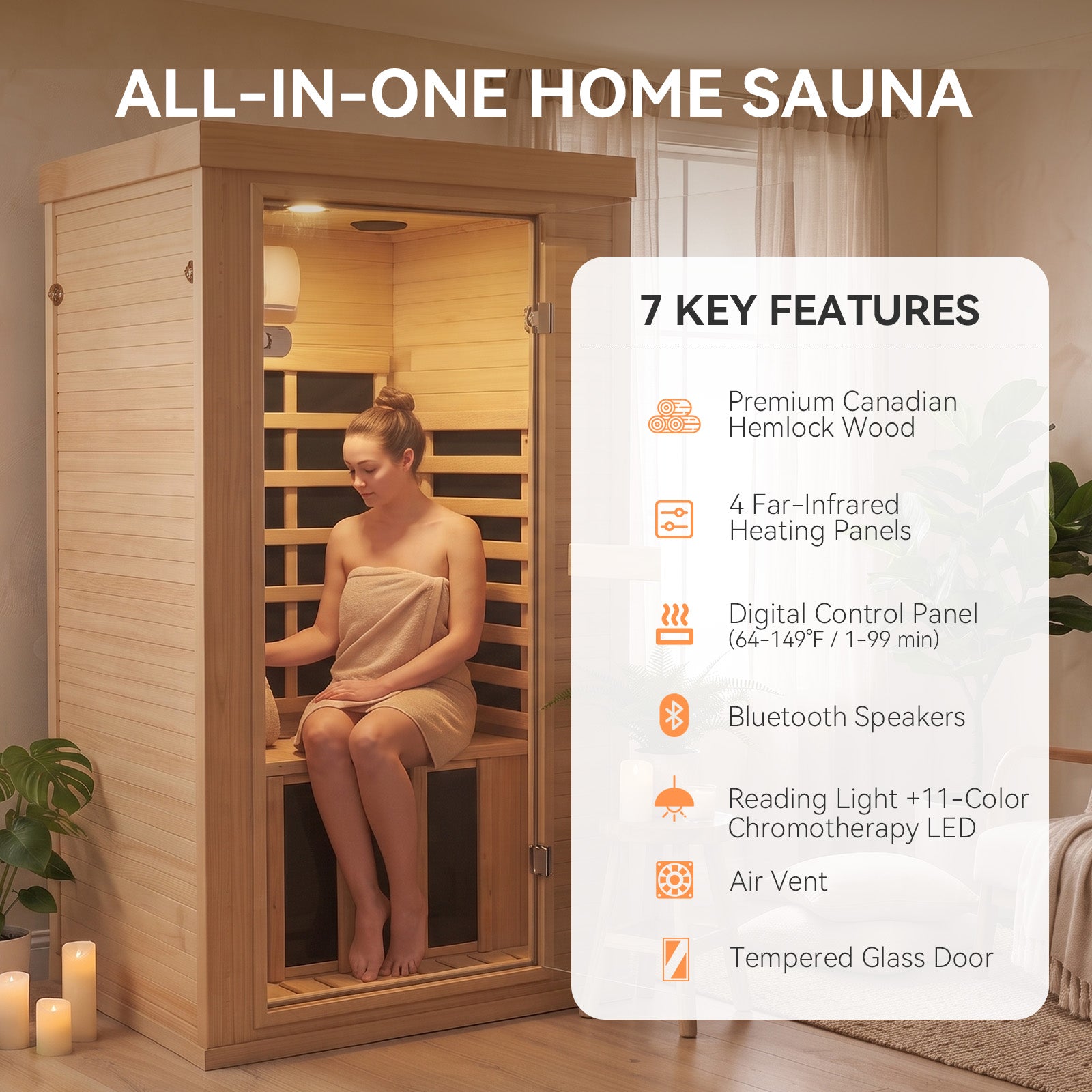Aoxun Infrared Sauna Home Sauna, Indoor Sauna, Low EMF Far Infrared, 1-2 Person, Chromotherapy Light, Canadian Hemlock Wood, Blutooth Speakers