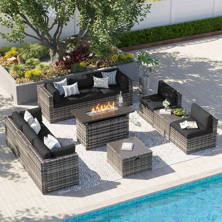 Clouddwell 11 Piece Patio Furniture Set with 44” Fire Pit Table Wicker Rattan Patio Conversation Set Outdoor Sectional Sofa Set with Coffee Table and Black Cushions(Waterproof Cover Included)