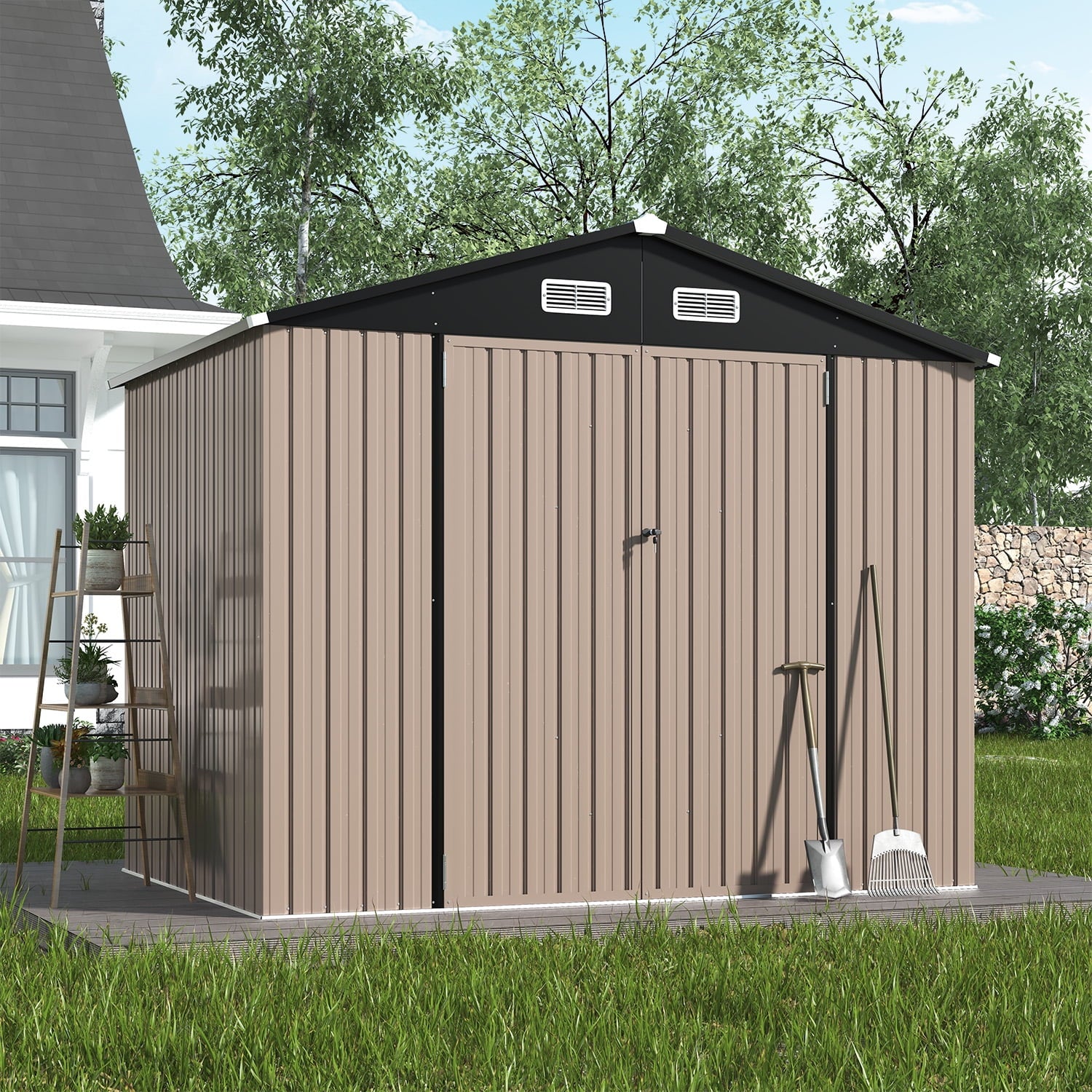 Clouddwell 7.4x5.3ft Galvanized Steel Storage Shed with Floor & Double Doors - Brown