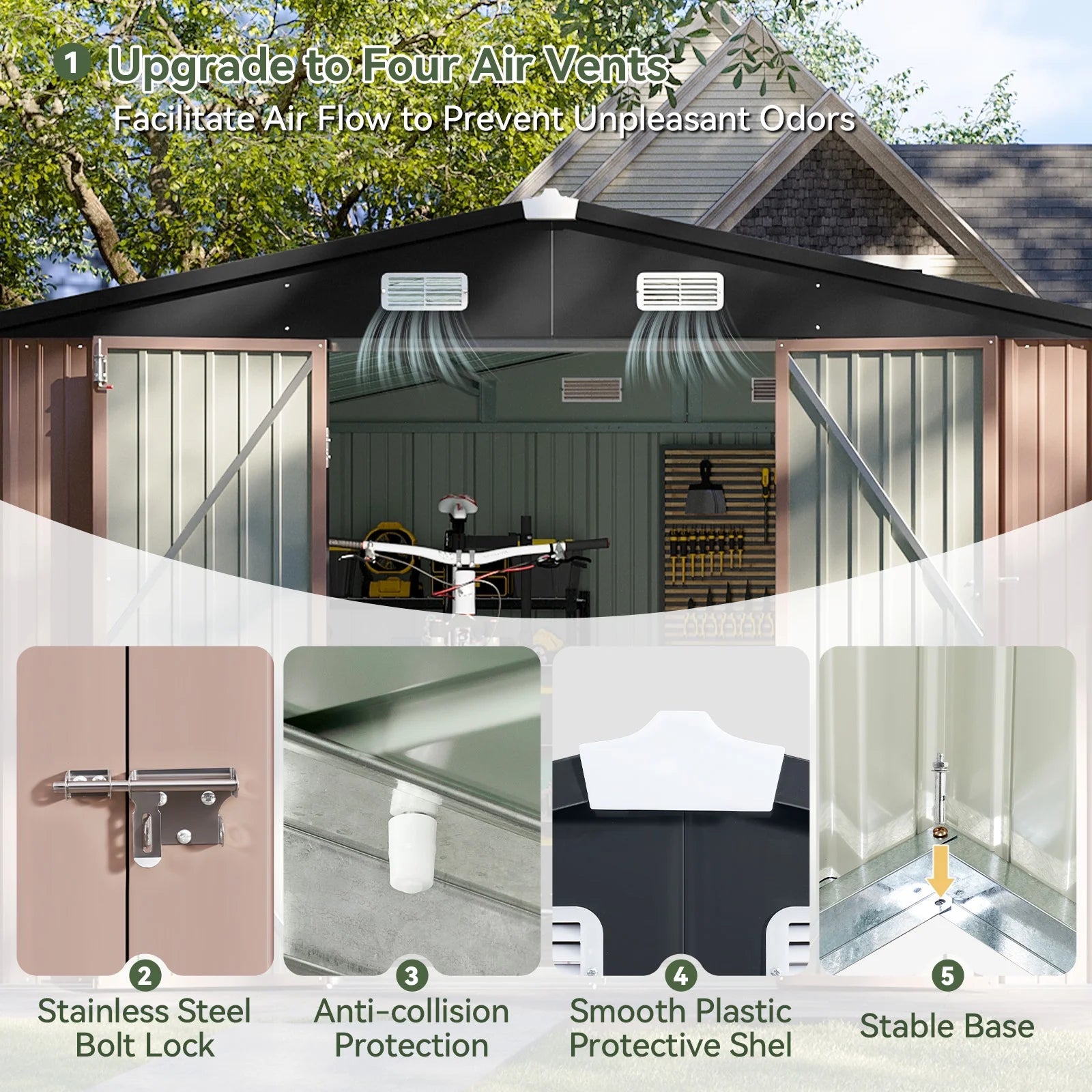 10x10ft Outdoor Storage Shed, Steel Garden Shed, Brown(Floor Included)