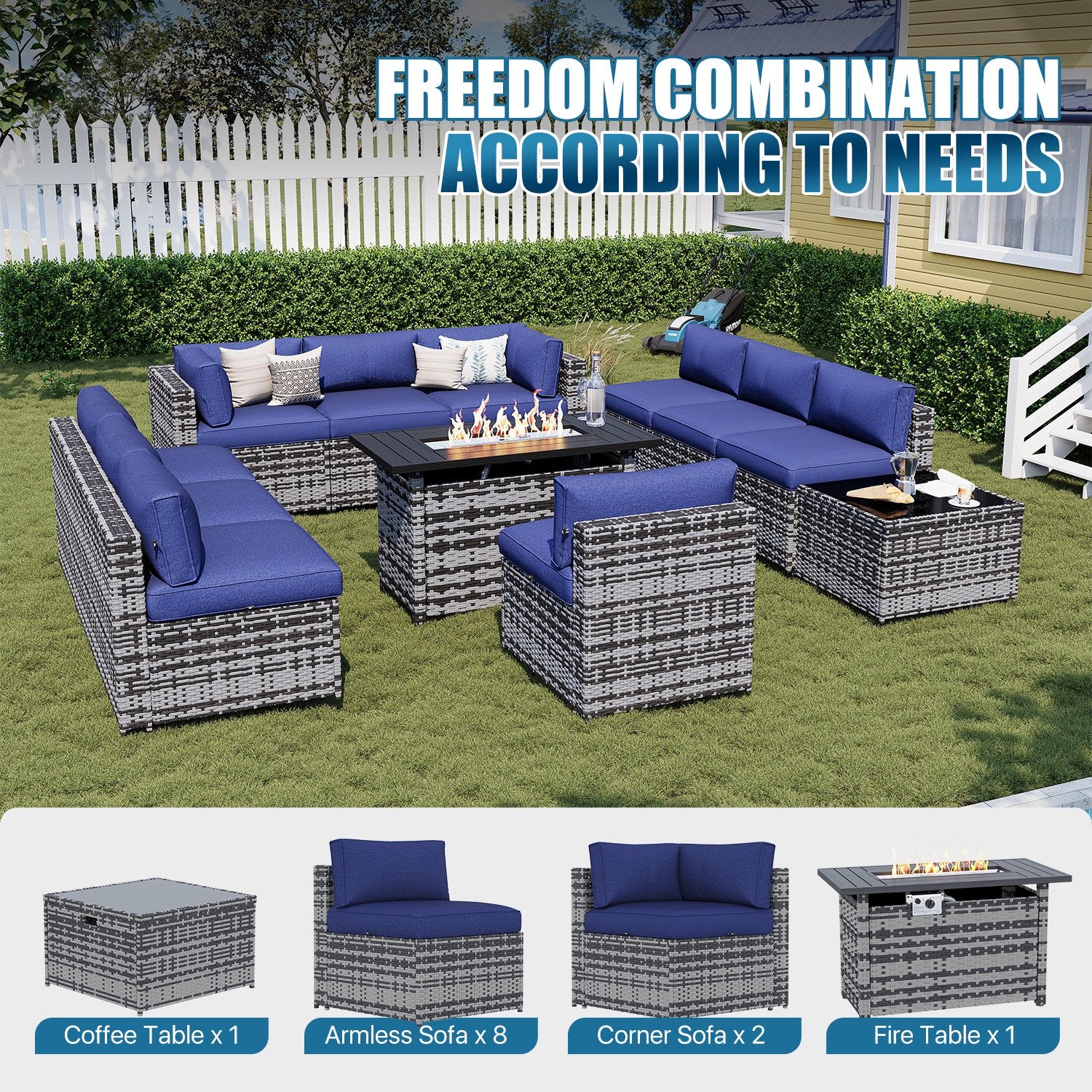 Sunmthink Patio Furniture Sets, 12-Piece Outdoor Patio Furniture with 44'' Propane Gas Firepit Table, Wicker Outdoor Conversation Set and Waterproof Cover for Backyard, Poolside, Garden