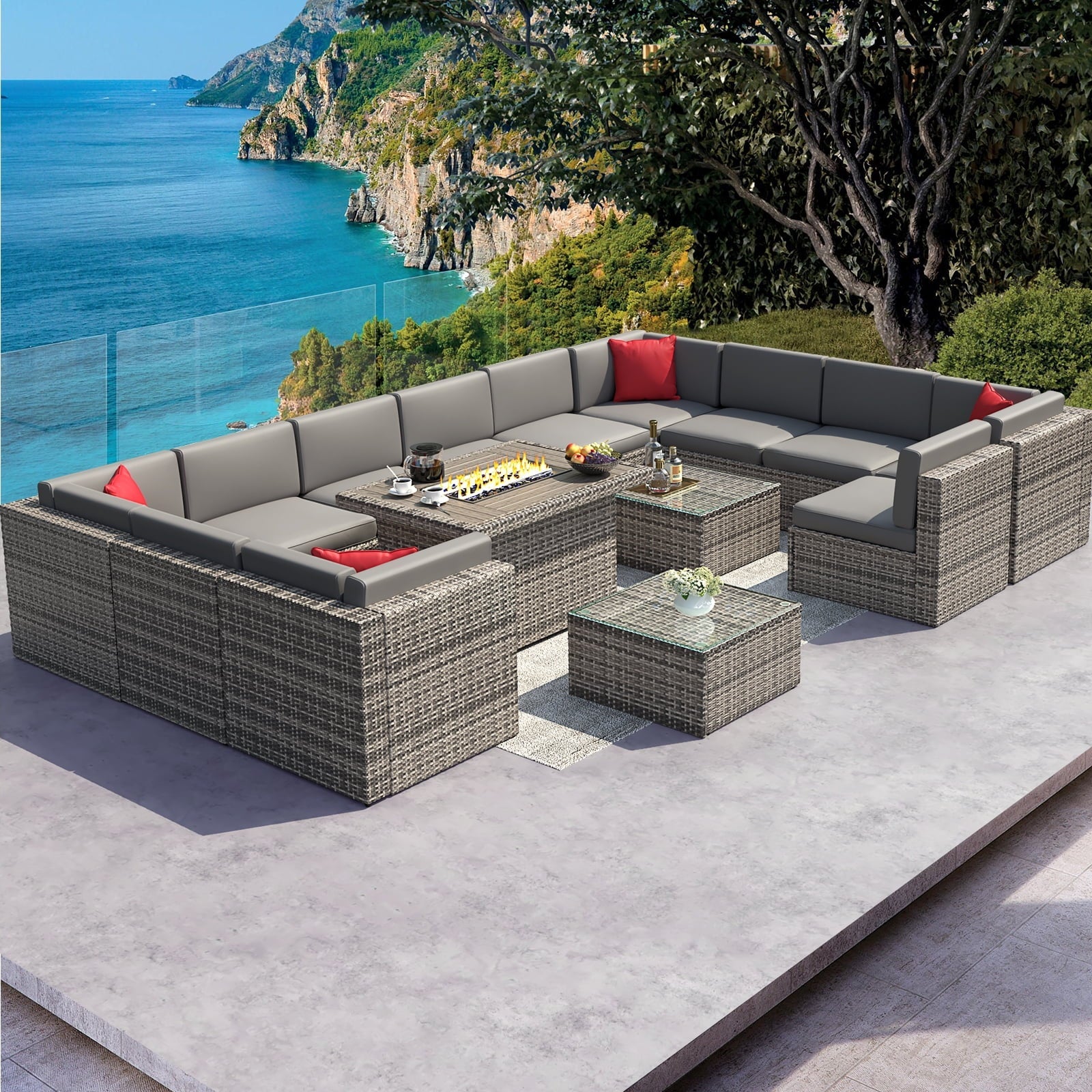 15-Piece Patio Furniture Set with Propane Fire Pit Table Wicker Outdoor Conversation Set, Gray