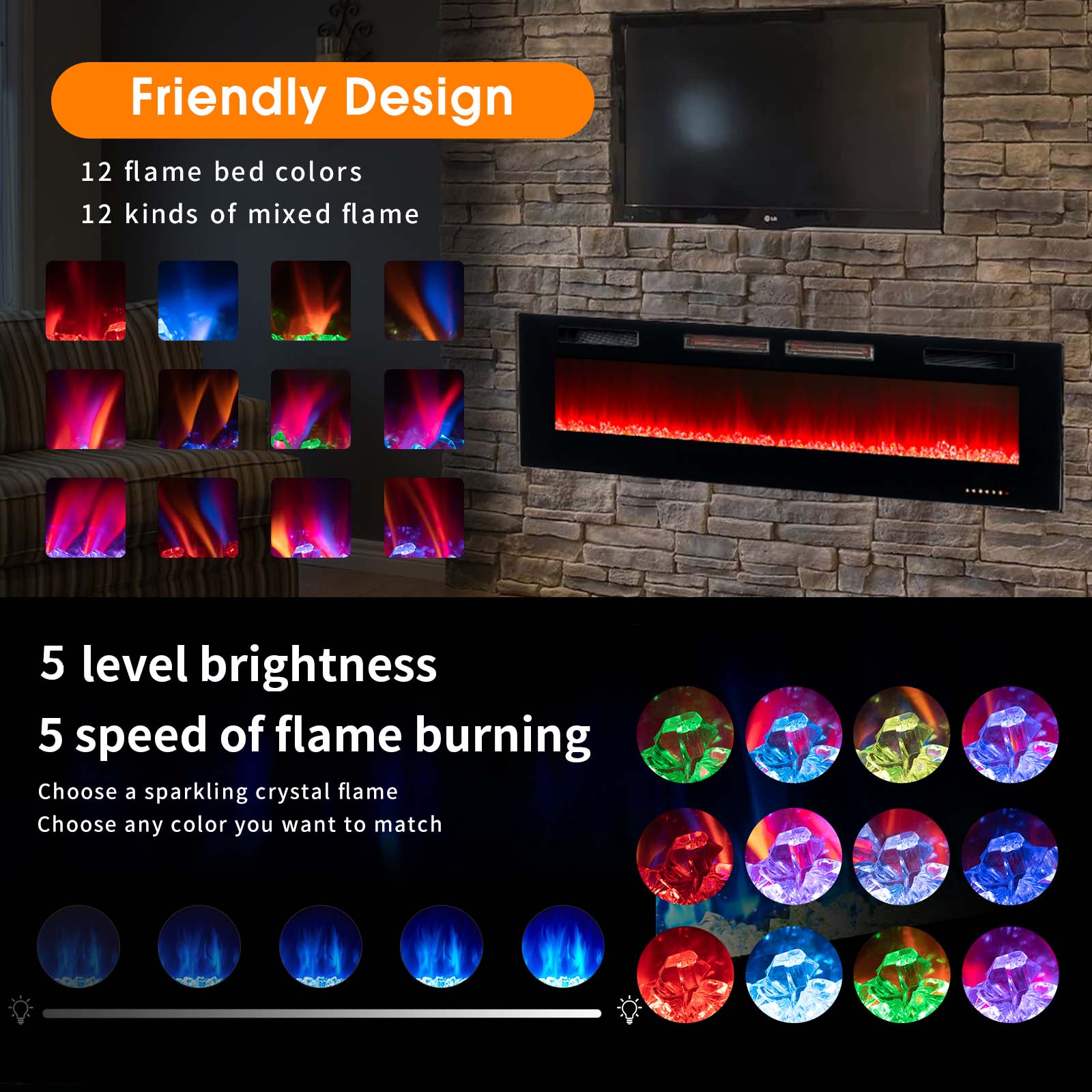 68" Wall Mounted Electric Fireplace, 750W/1500W, 12 Color Flame, Remote Control, Crystal Flame