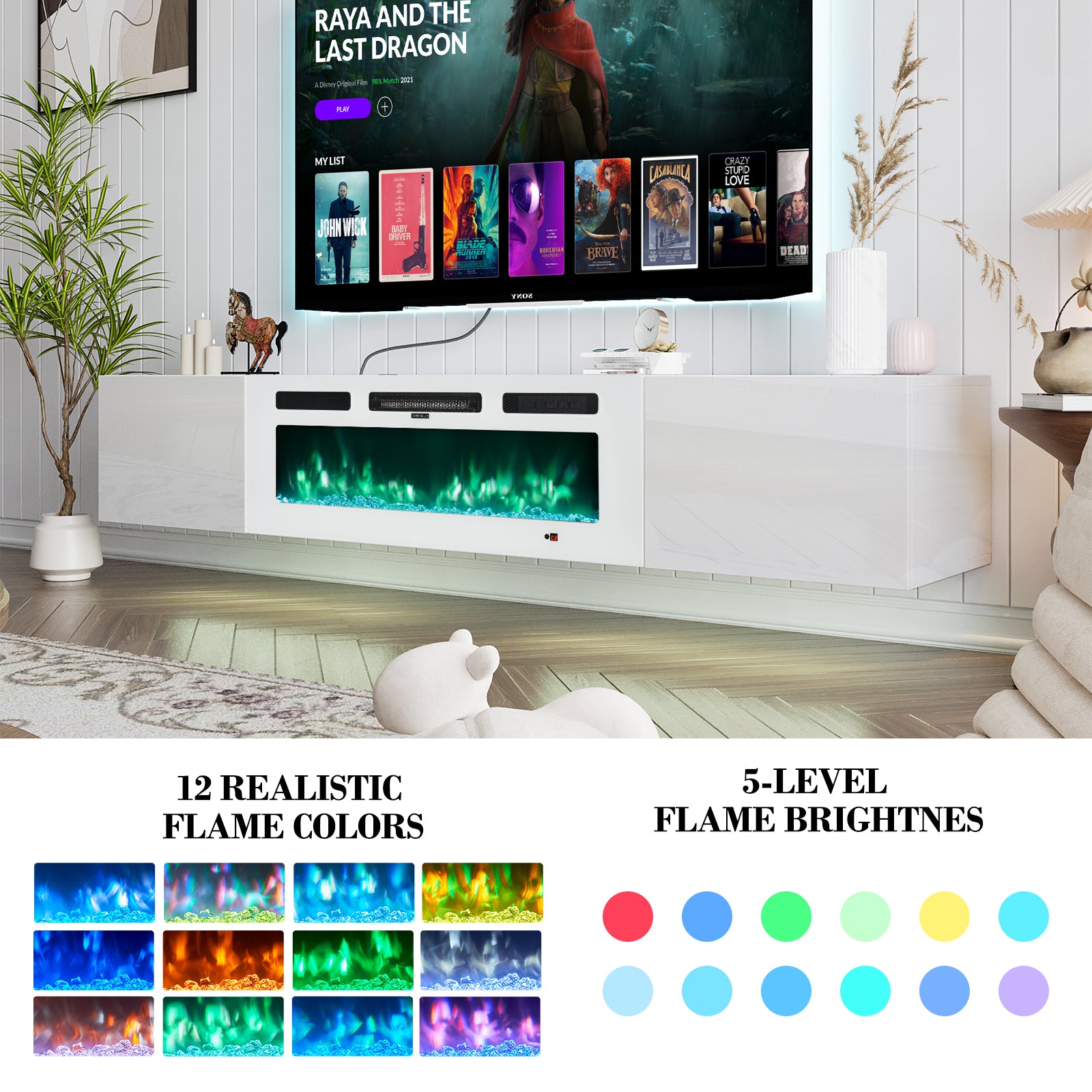 Floating Fireplace TV Stand for TVs up 80", Wall Mounted Fireplace Entertainment Center with 12 LED Colors, 70'' Console Table with Electric Fireplace, White