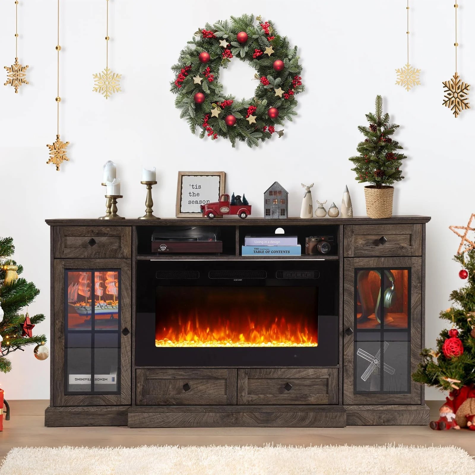 Fireplace TV Stand for 80 Inch TV, 68'' Farmhouse Entertainment Center with 36" Electric Fireplace for Living Room, Gray