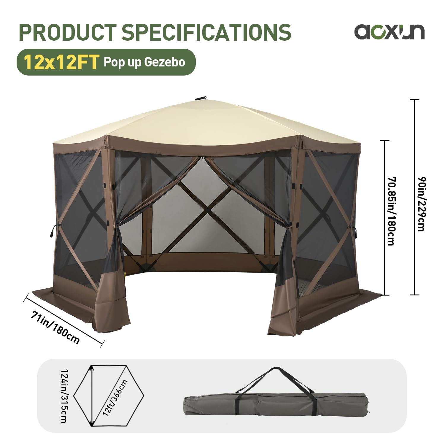 Aoxun 12x12FT Pop Up Canopy Tent, 6-Sided Pop-up Gazebo Screen Tent with Mesh Windows, Outdoor Canopy Shelter Tent with Carrying Bag, Large Shade Tents for Camping, Backyard, Patio, Lawn, Brown