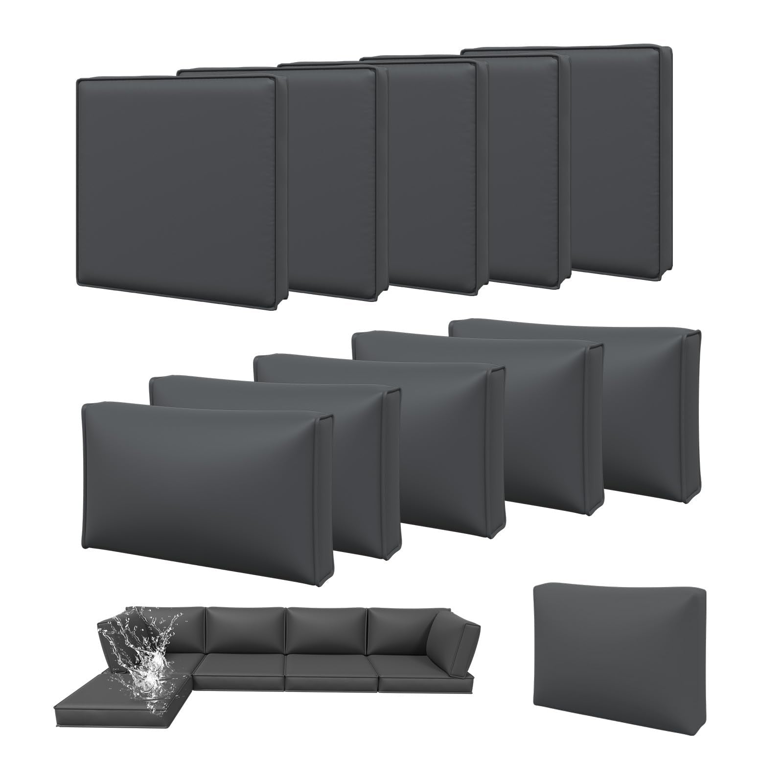 Aoxun 11pcs Patio Cushion Covers Replacement, Waterproof Outdoor Furniture Cushion Covers with Zipper and Non-Slip Bottom, Patio Sofa Couch 3 Sizes for Patio Sectional, Covers Only (Grey)