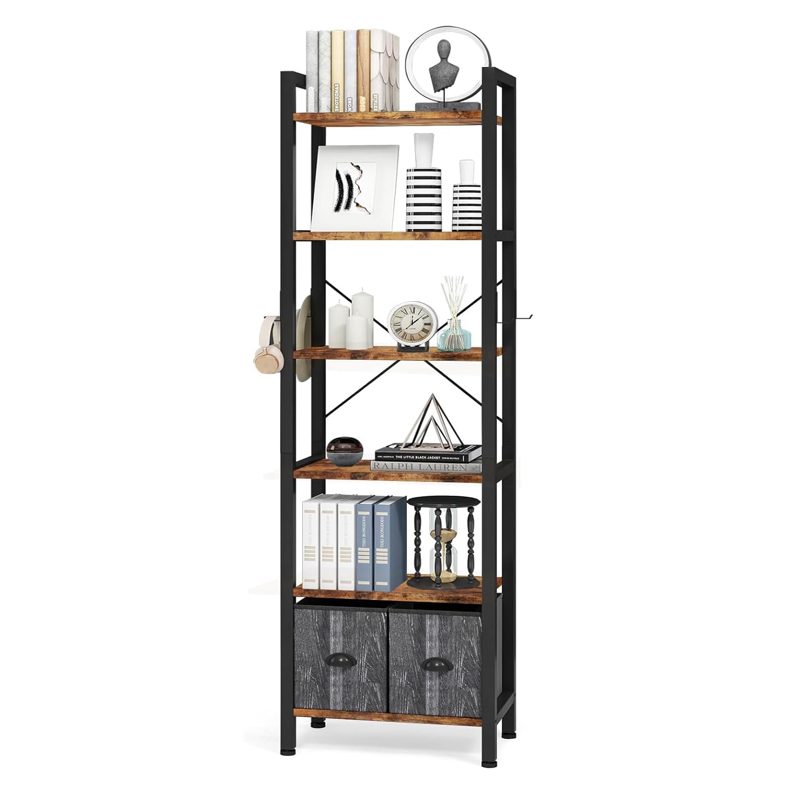 6 Shelf Bookcase with 2 Drawers, 71" Rustic Black Bookshef for Living Room and Home Office