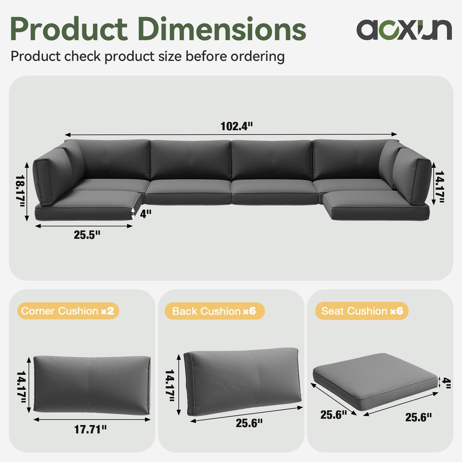 Aoxun Replacement Cushions for Outdoor Furniture, 14-Piece Outdoor Cushions for Patio Furniture, Deep Seat, Splash-Proof & Fade Resistant Couch Cushion for 6-Seat Patio Conversation Sets, Grey