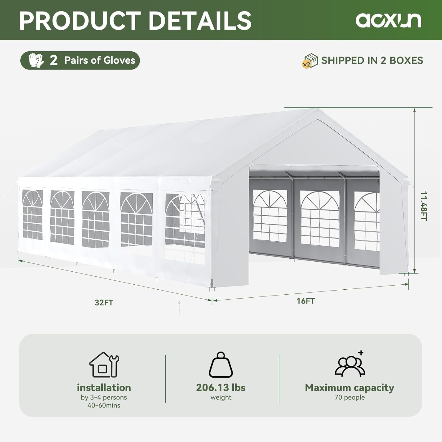 Aoxun 33x17 Heavy-Duty Party Tent, Waterproof Canopy with Removable Walls & Roll-Up Door,for Weddings, BBQ, Camping Party Tent,White
