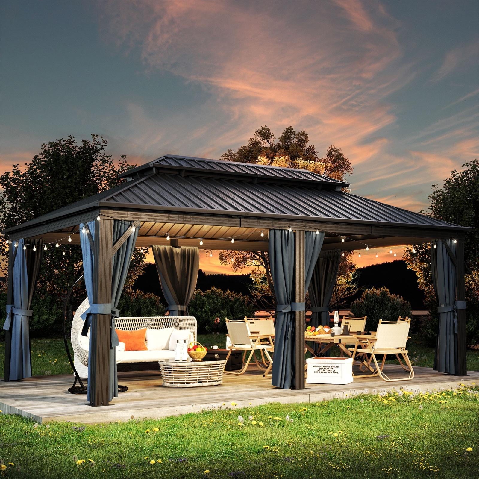 12' x 20' Outdoor Hardtop Gazebo, Galvanized Double Roof Gazebo with Curtain and Netting for Patio, Garden, Lawn, Party