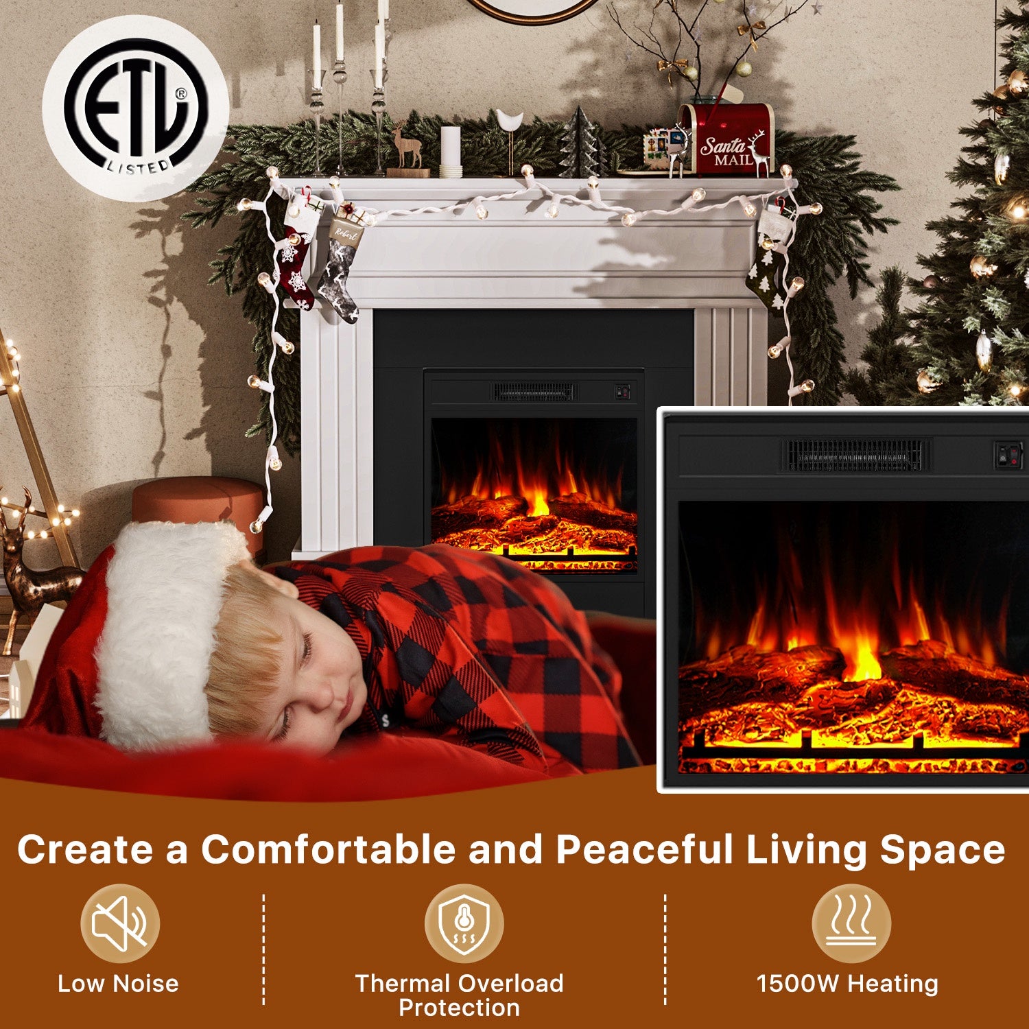 Electric Fireplace with 43" Mantel, Freestanding 18" Fireplace Heater TV Stand with 3D Realistic Flame for Living Room, Bedroom, White