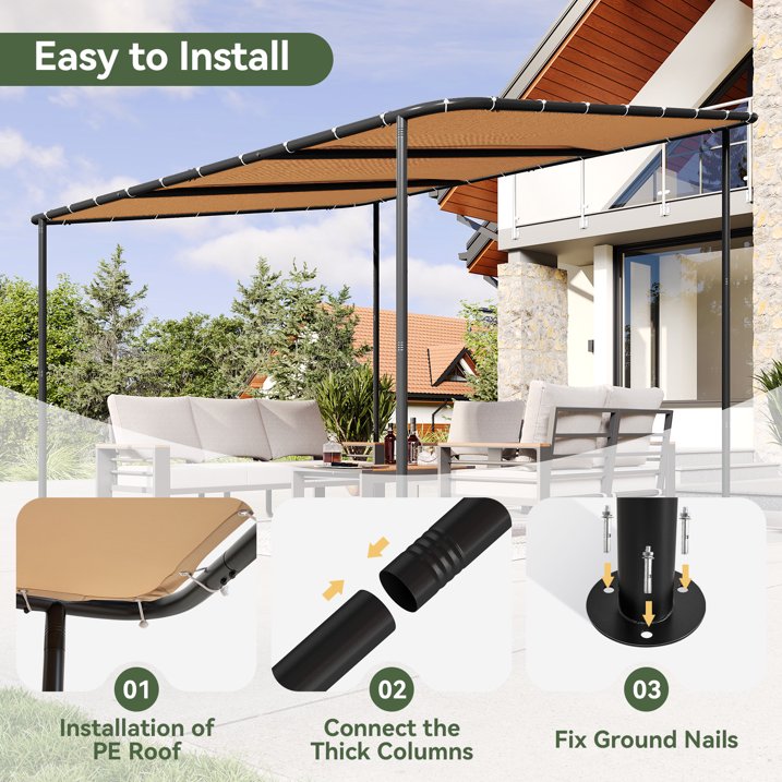 Aoxun 10x12 Lean to Gazebo Outdoor Pergola with Water Resistant & UV-Resistant, Wall-Mounted Canopy Sloped Roof Awning for Patio Backyard, Deck, or Garden Khaki