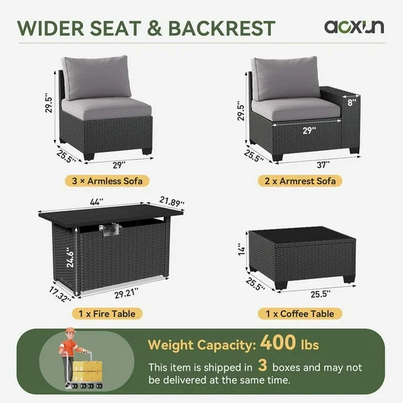 Aoxun 7 Pcs Outdoor Patio Furniture Sets with with 44'' Fire Table, Widen Armrests Wicker Outdoor Sectional for Backyard (Waterproof Cover Include)