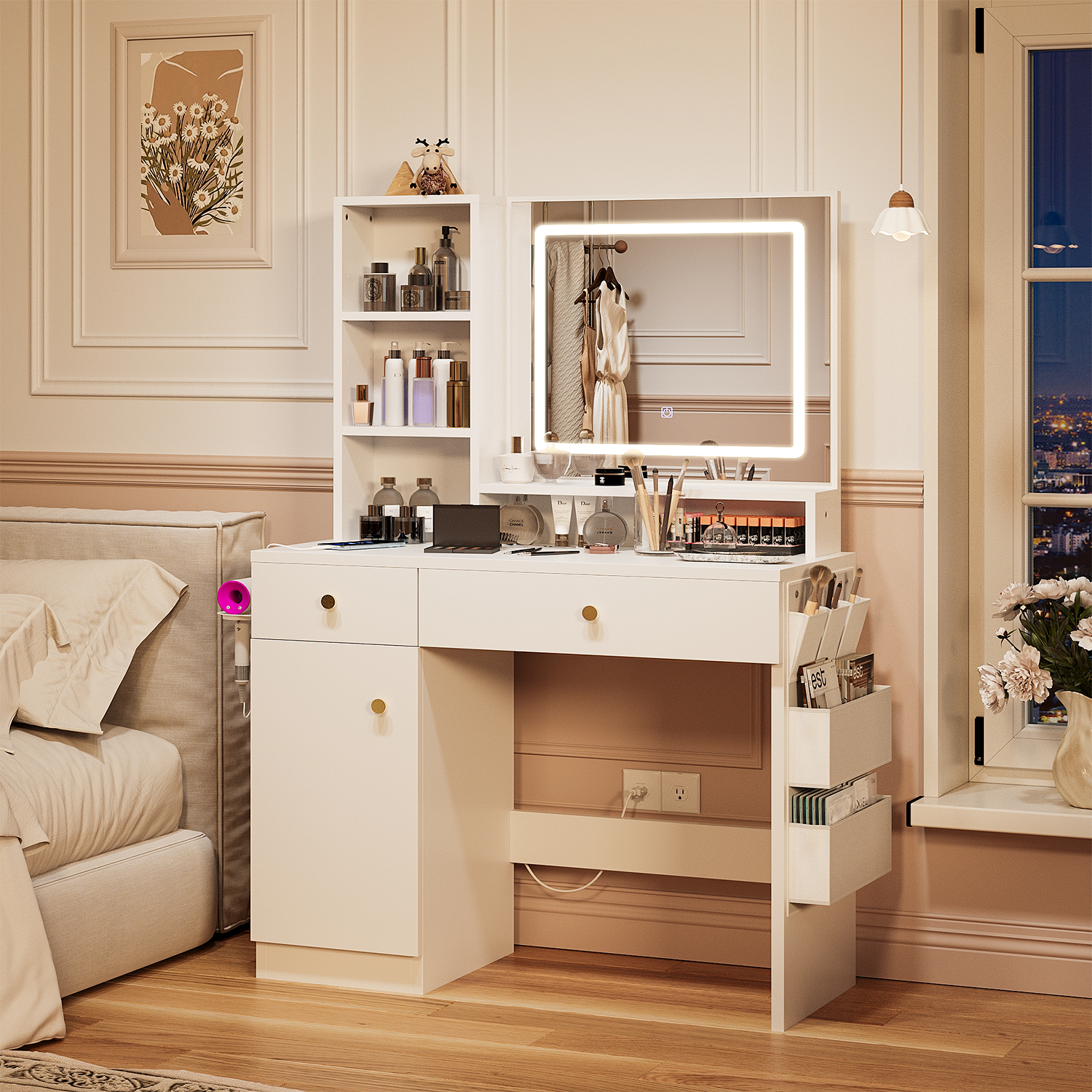 Makeup Vanity Desk with Mirror, Vanity Desk with 1 Cabinet, 2 Drawers & Storage Shelves,Makeup Table with 3 mode LED Mirror and power Outlet for Bedroom