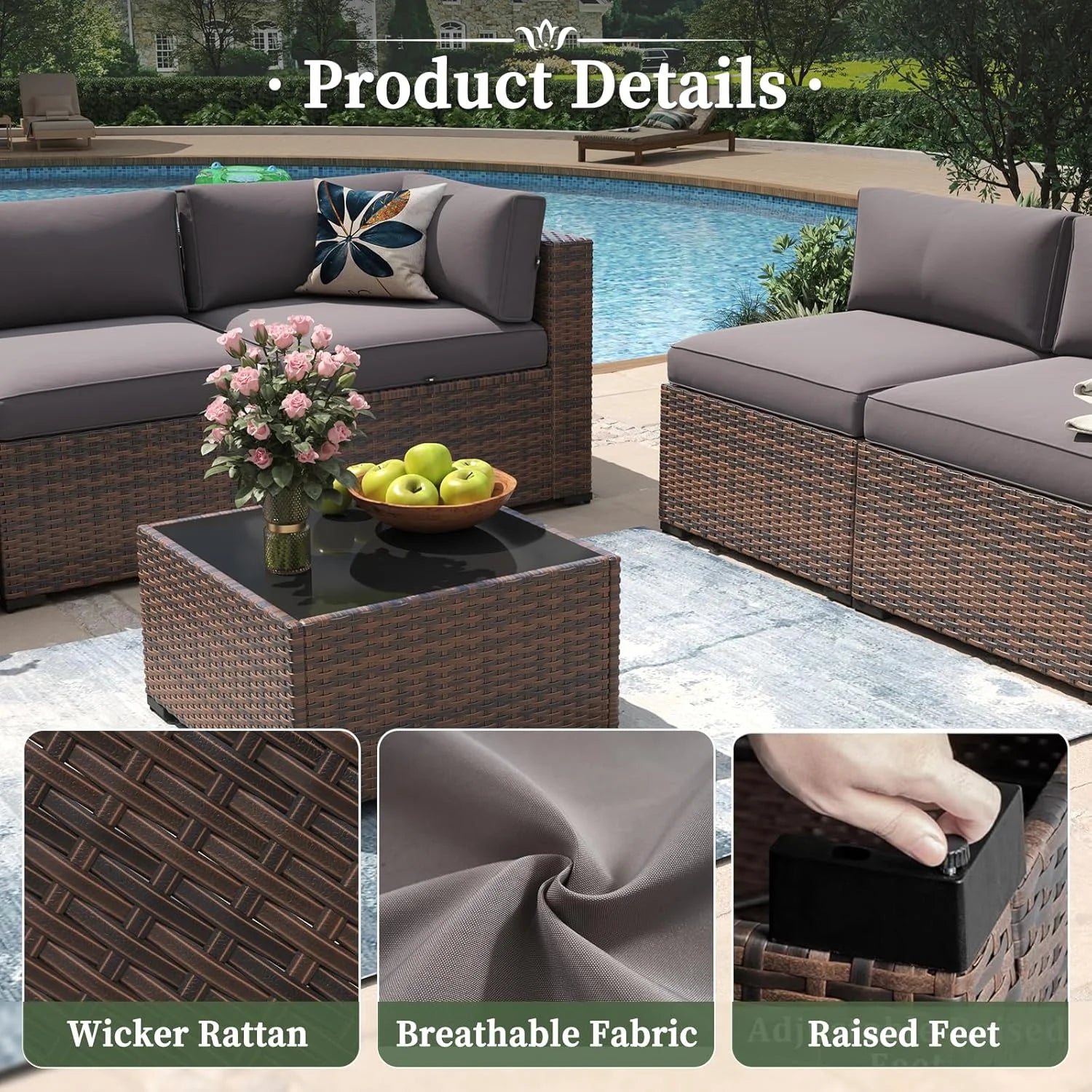 Aoxun 14 Piece Patio Furniture Set Wicker Rattan Patio Conversation Set Outdoor Sectional Sofa Set with Coffee Table and 4” Thickened Cushions, Gray(Waterproof Cover Included)