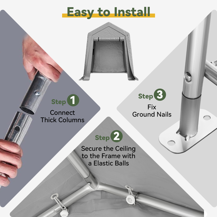 Aoxun 6x8 FT Outdoor Storage Shed, Portable Garage with Roll-Up Door & Window, Waterproof Tarp & Galvanized Steel Frame for Lawn Equipment, Bike, Motorcycle, Trunk Cover, Gray