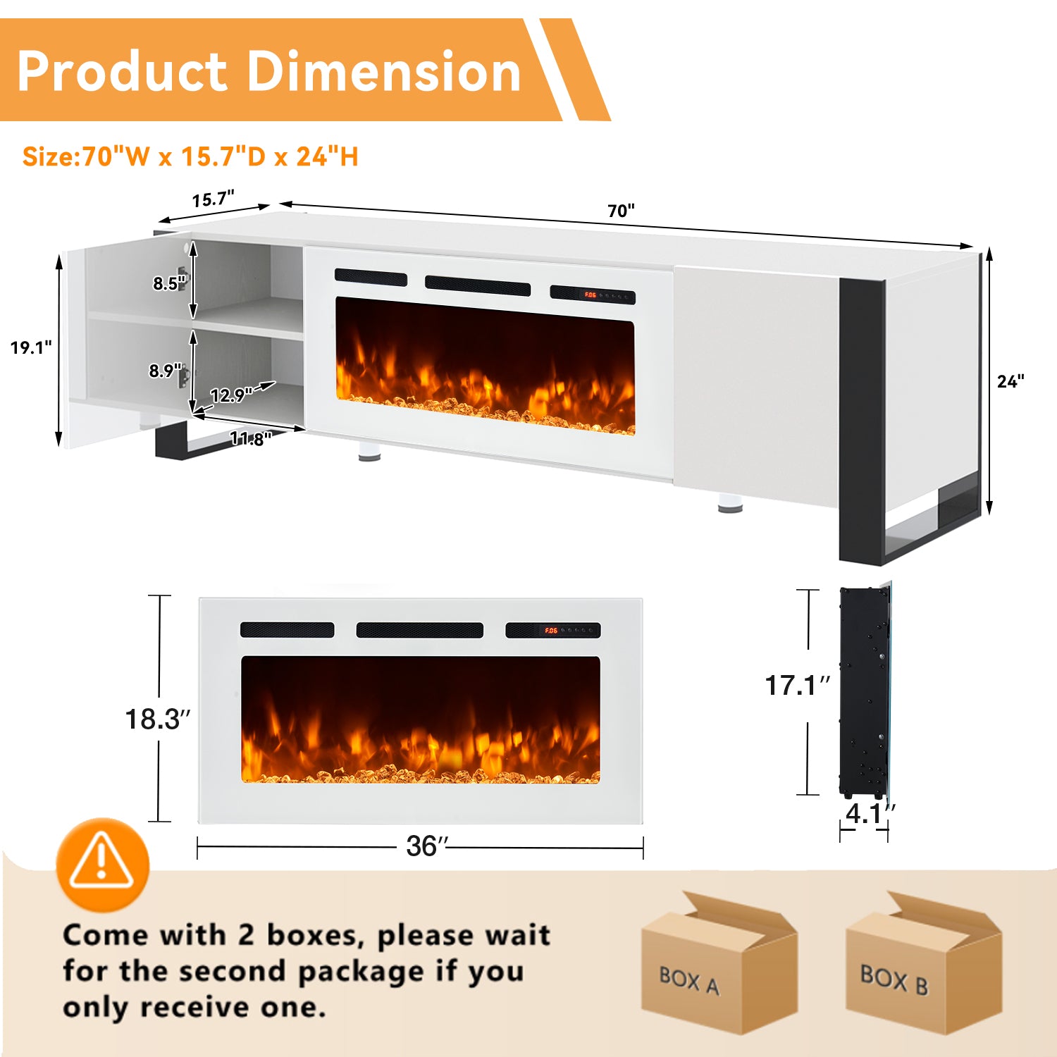 Fireplace TV Stand for TVs up to 80", 70" TV Stand with 36" Electric Fireplace, Entertainment Center with LED Lights, White & White