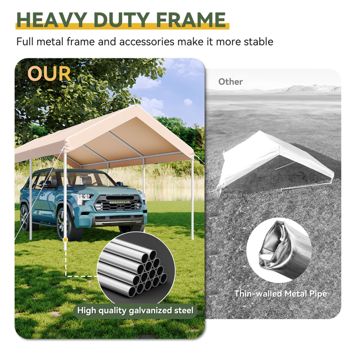 Aoxun 10x20 FT Heavy-Duty Portable Carport, Outdoor Car Canopy Shelter with Waterproof Tarp & Wind Resistant Design, Galvanized Steel Frame for Vehicle, RV, Boat, Truck Cover (Khaki)