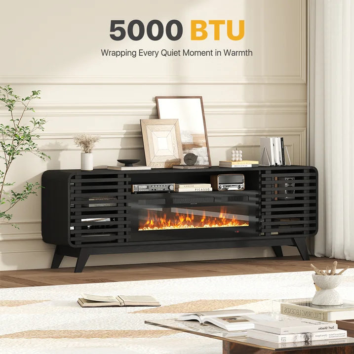 Sonegra Fireplace TV Stand with 36" Electric Fireplace, Mid Century Modern Entertainment Center with Led Lights for 80" TVs , Wood Media Console with Slatted Sliding Doors for Living Room