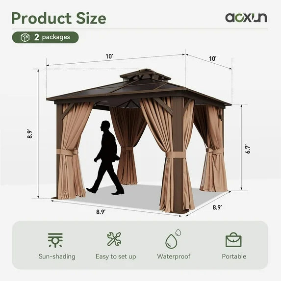 Aoxun 10'x10' Hardtop Gazebo, Outdoor Polycarbonate Double Top Canopy, Aluminum Frame Gazebo with Netting and Curtains