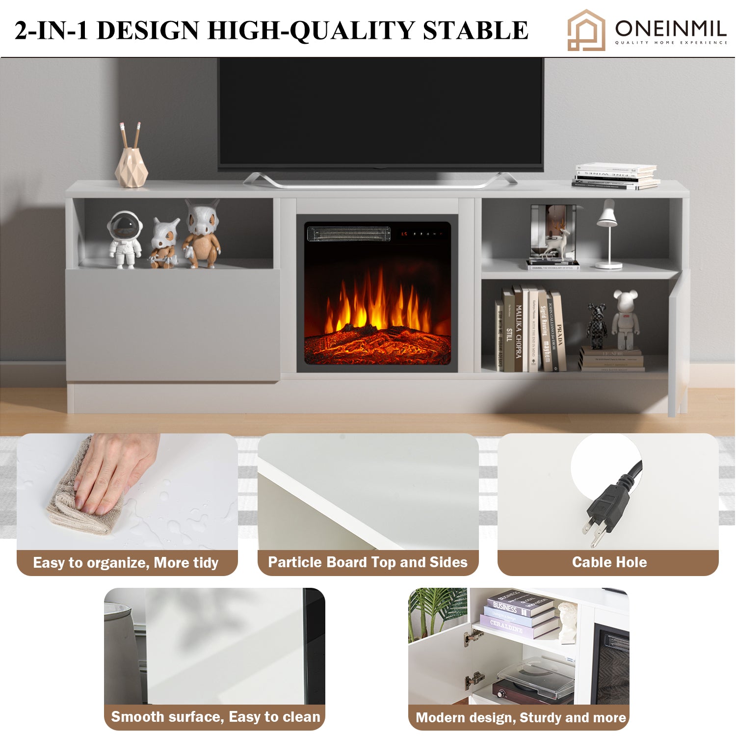 65" Fireplace TV Stand for TVs up to 75", TV Stand with Electric Fireplace, Console Entertainment Center, White