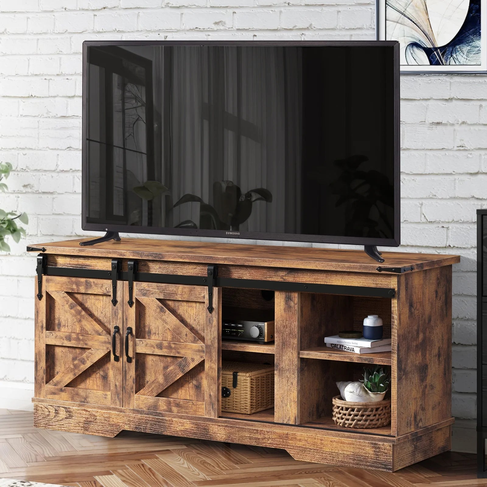 Farmhouse TV Stand for TVs up to 65", Brown, With Sliding Barn Door