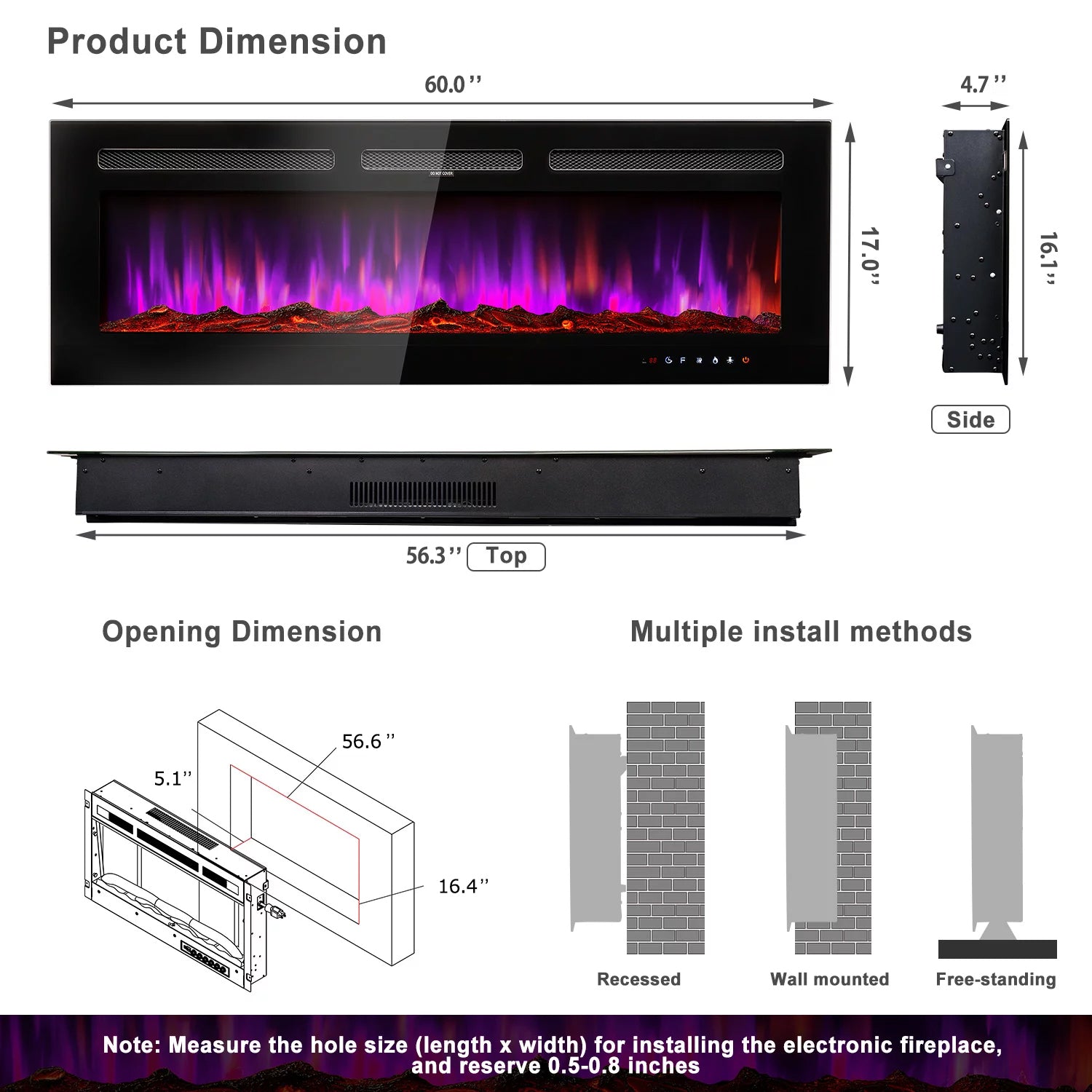 Sunmthink 60" Wall Electric Fireplace Heater with Remote, 12 Colors and 5 Kinds of Brightness