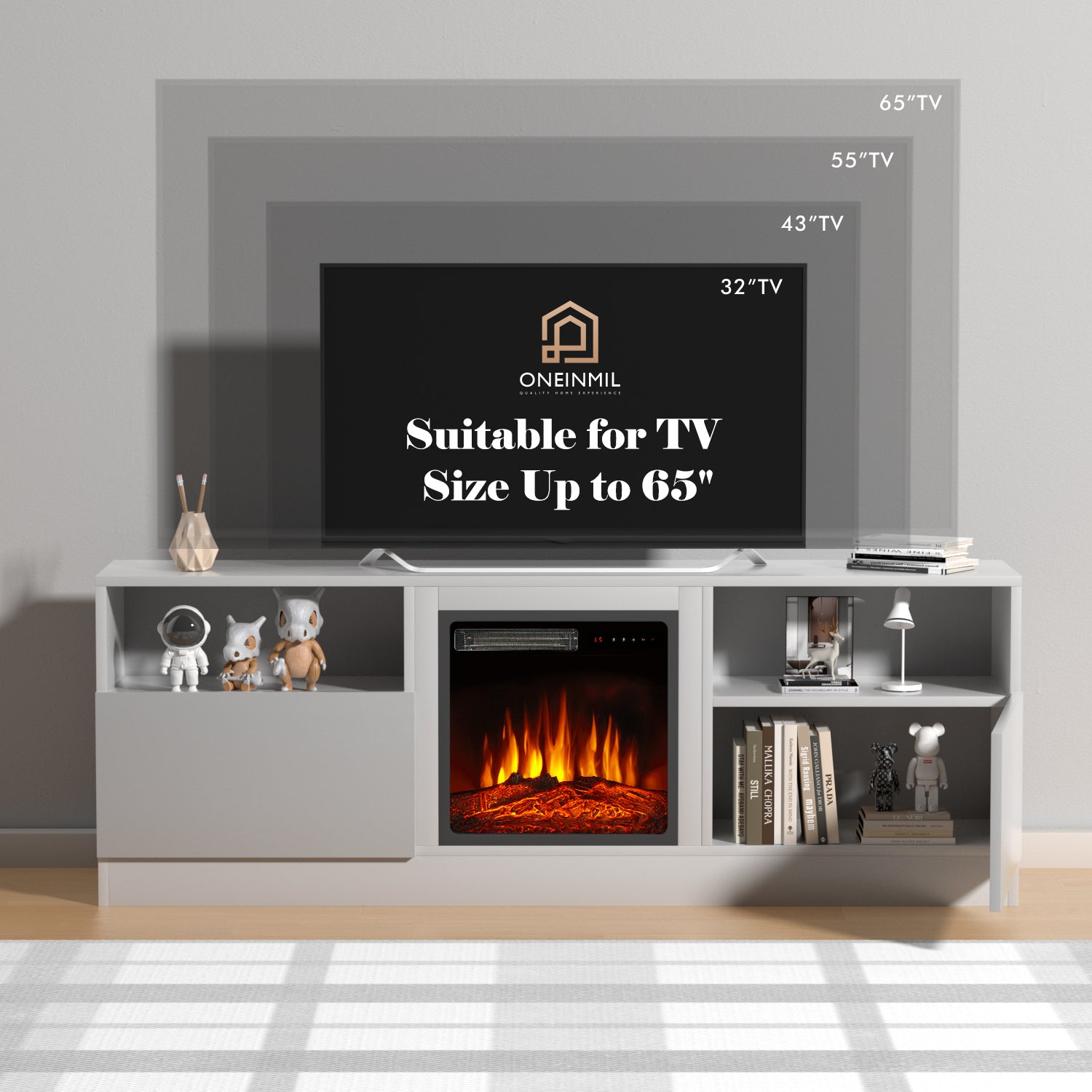 65" Fireplace TV Stand for TVs up to 75", TV Stand with Electric Fireplace, Console Entertainment Center, White