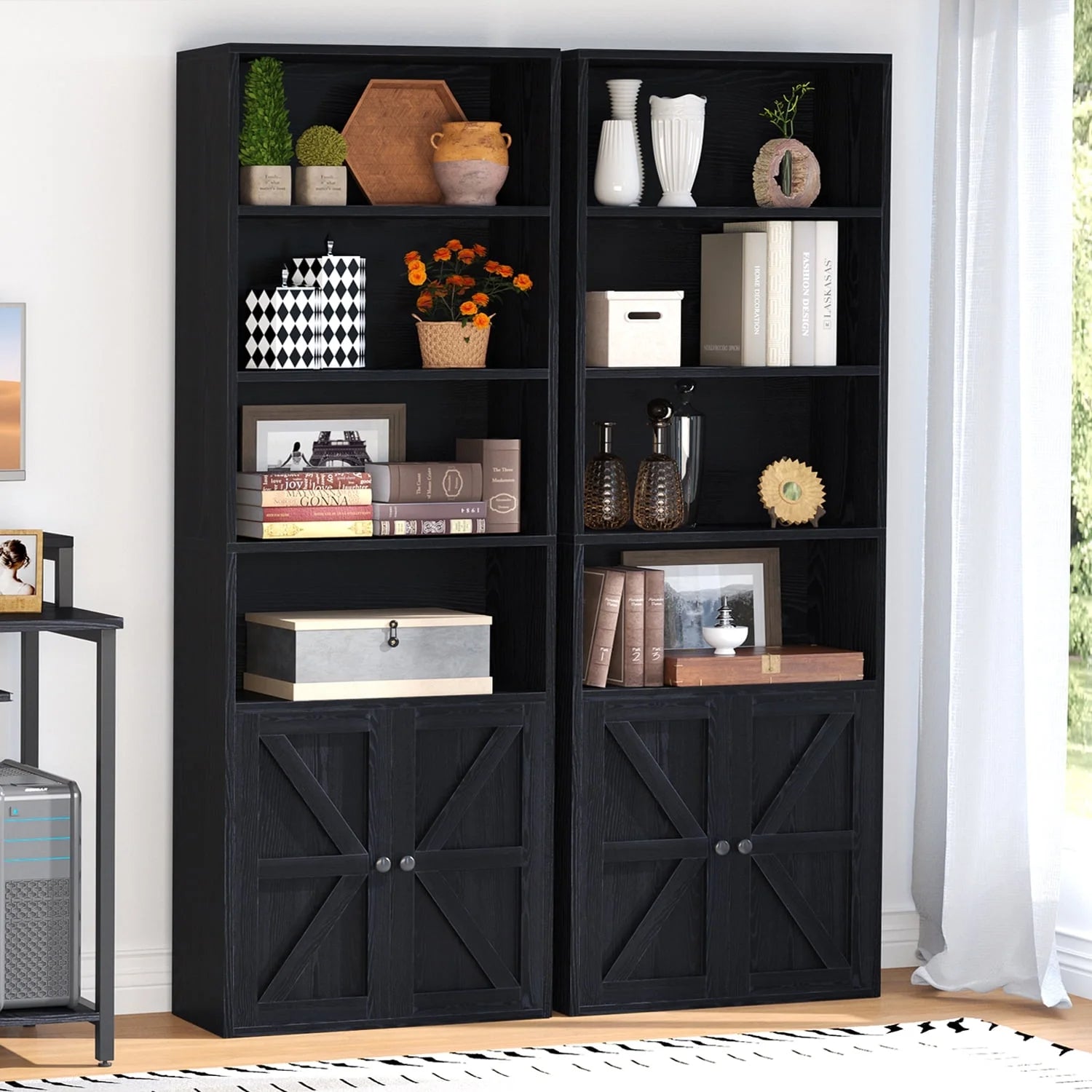 6 Shelf Bookcase with Doors 71in Tall Bookshelf for Home Office, Black