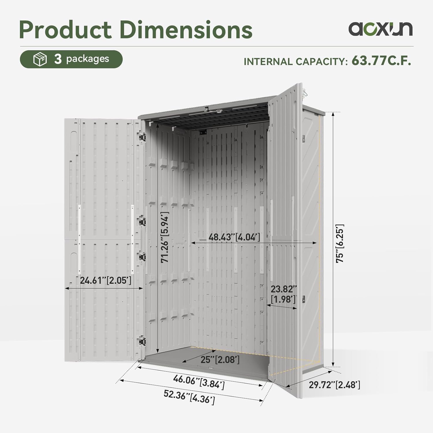 Resin Vertical Shed with Floor, Tall Tool Shed with Lockable Doors, DIY Friendly, 64 Cubic Feet