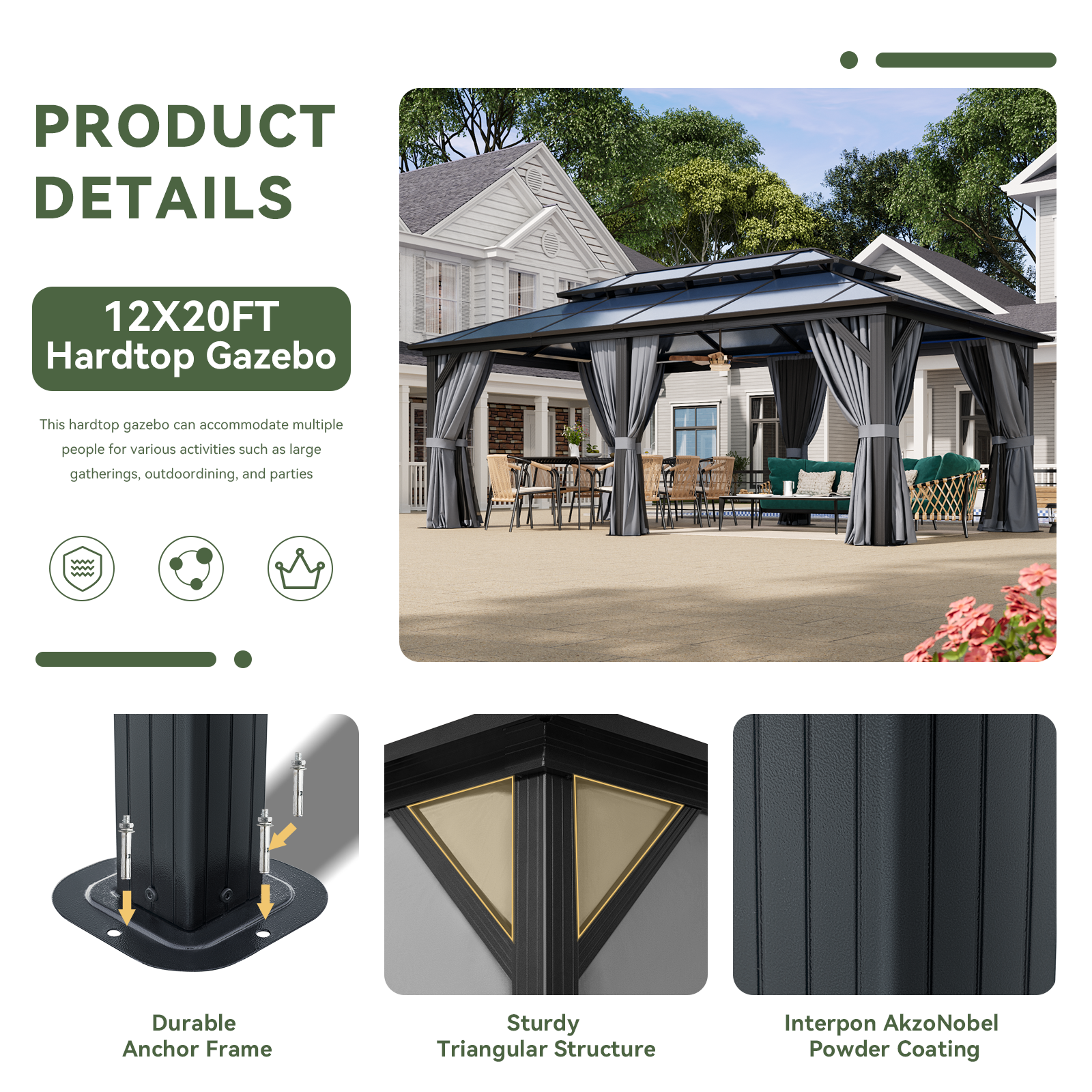 12'x20' Hardtop Gazebo, Aluminum Frame Permanent Pavilion with Curtains and Netting, Outdoor Polycarbonate Double Roof Canopy, Designed for Garden, Lawns, Patio, Gray