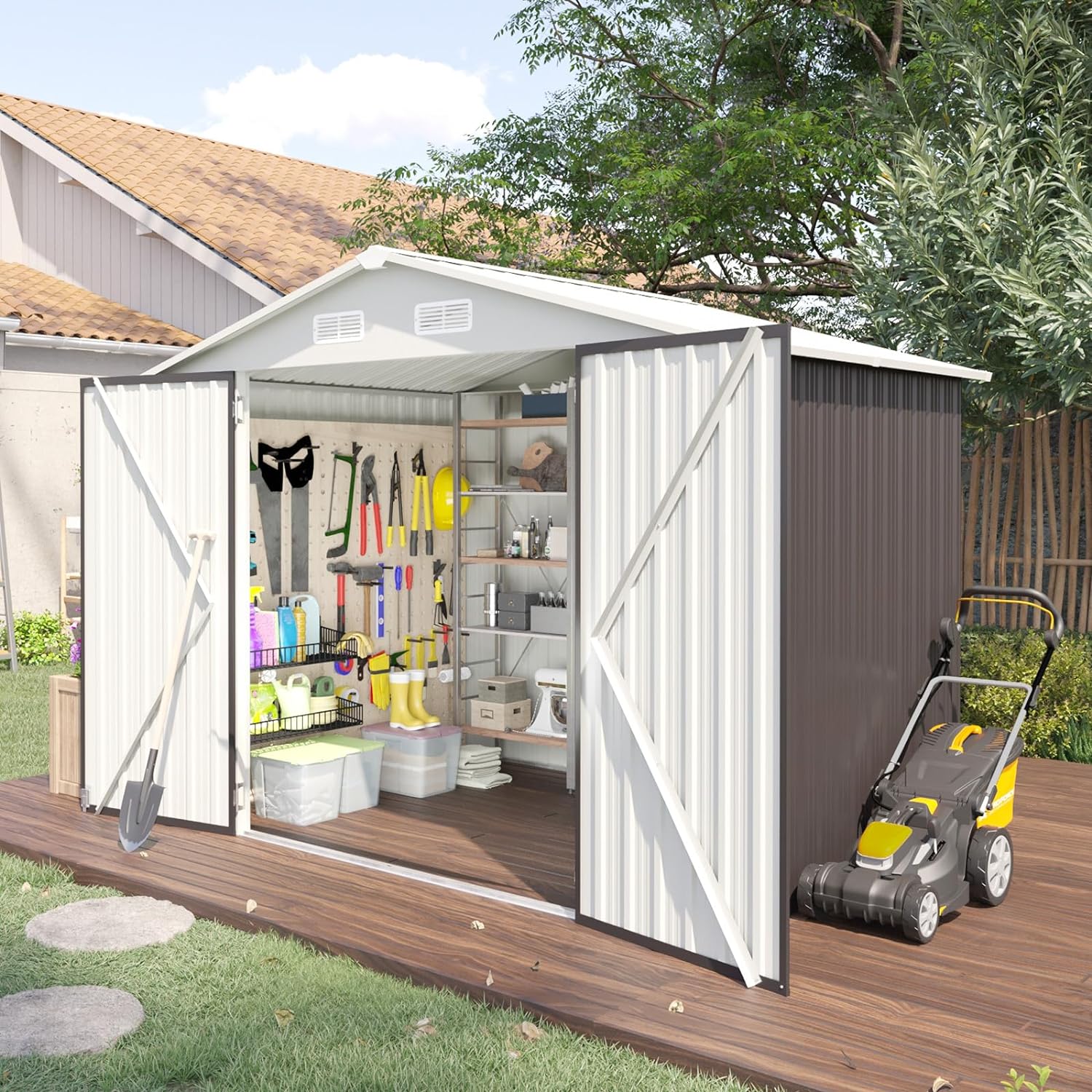 Utility Metal Shed, Steel Tool Shed with Air Vent and Lockable Door